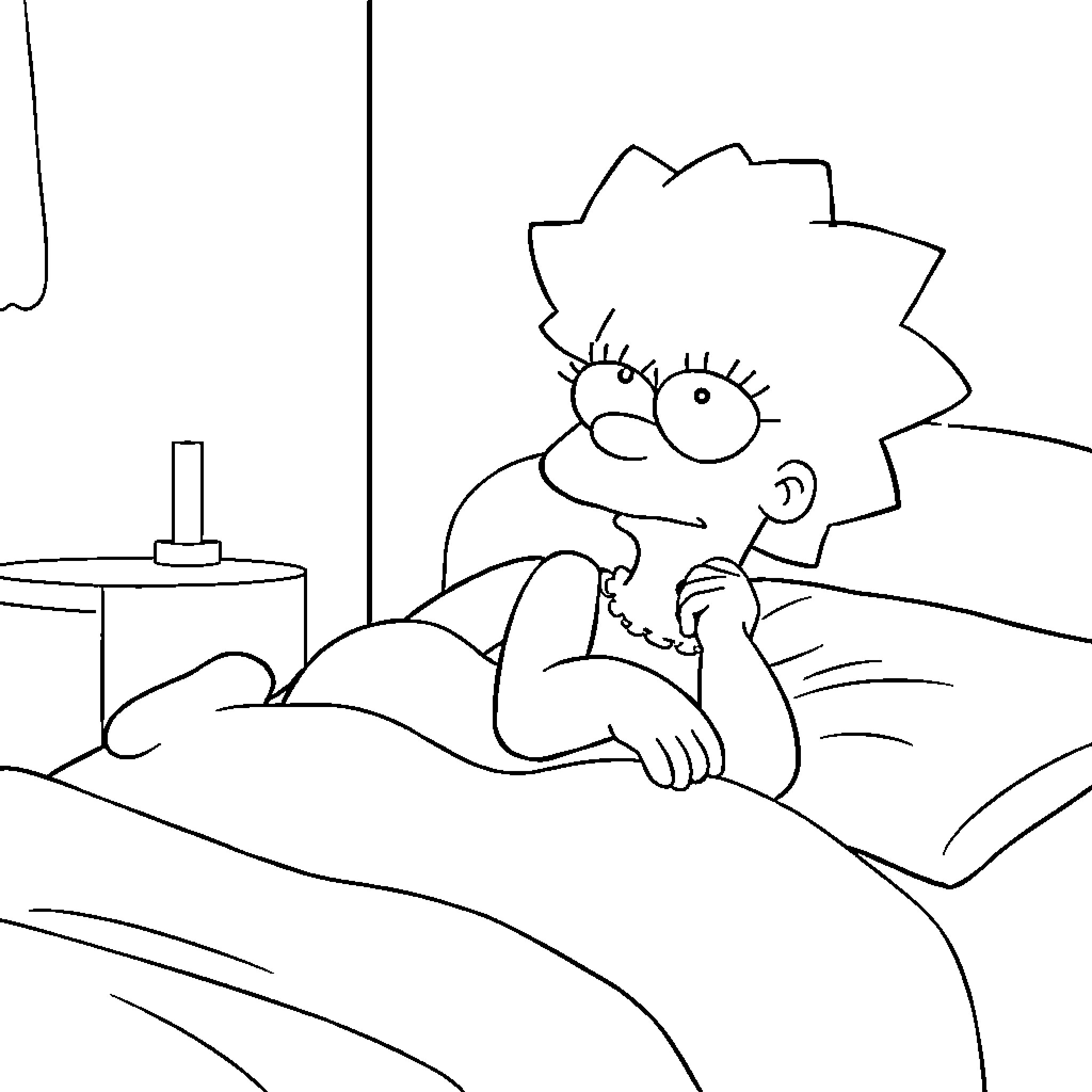 Lisa Simpson relaxing in bed Coloring Page (free black-and-white line drawing printable PDF for all, from beginners to advanced learners, including children, teens, adults, and seniors)