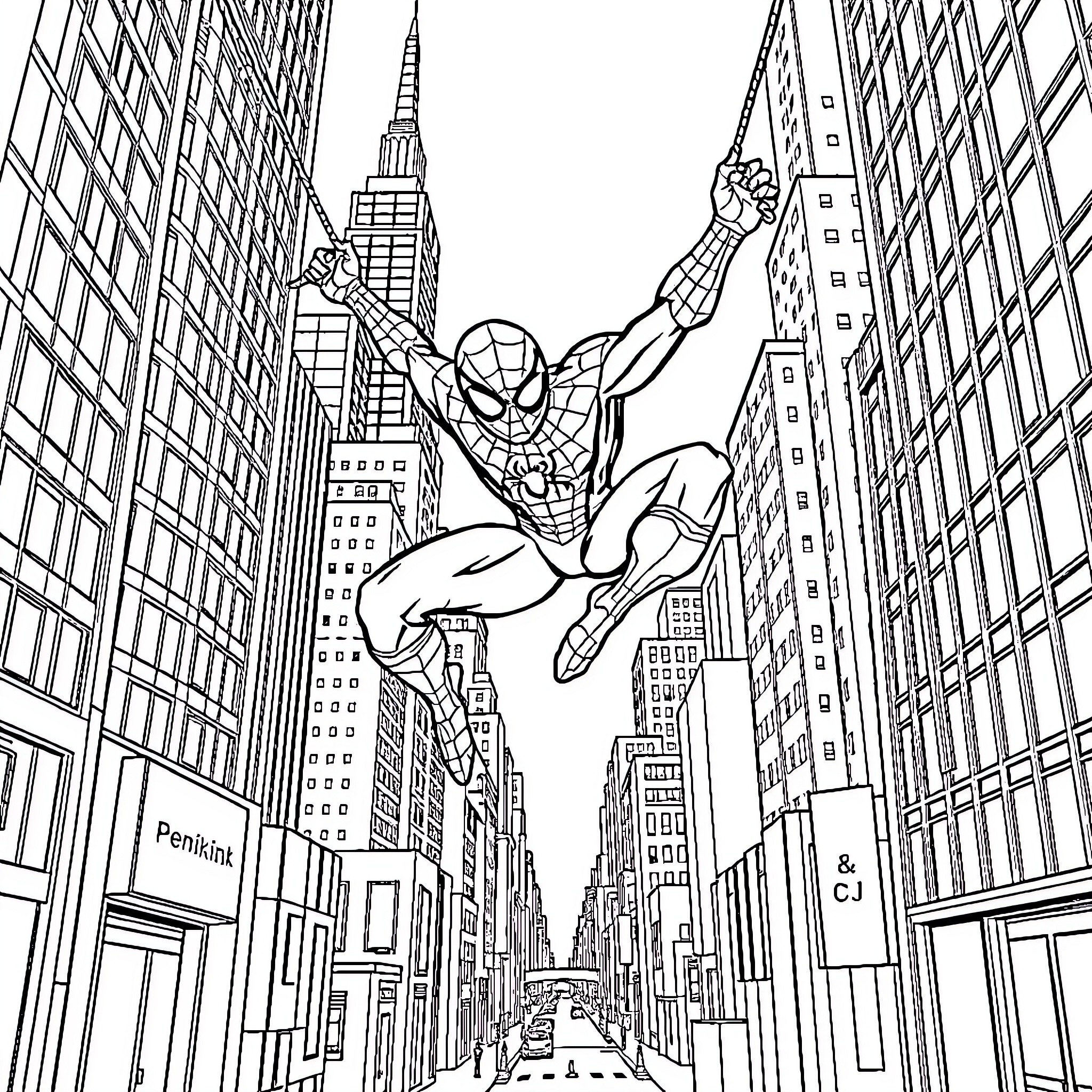 Spiderman swinging through the city skyline Coloring Page (free black-and-white line drawing printable PDF for all, from beginners to advanced learners, including children, teens, adults, and seniors)