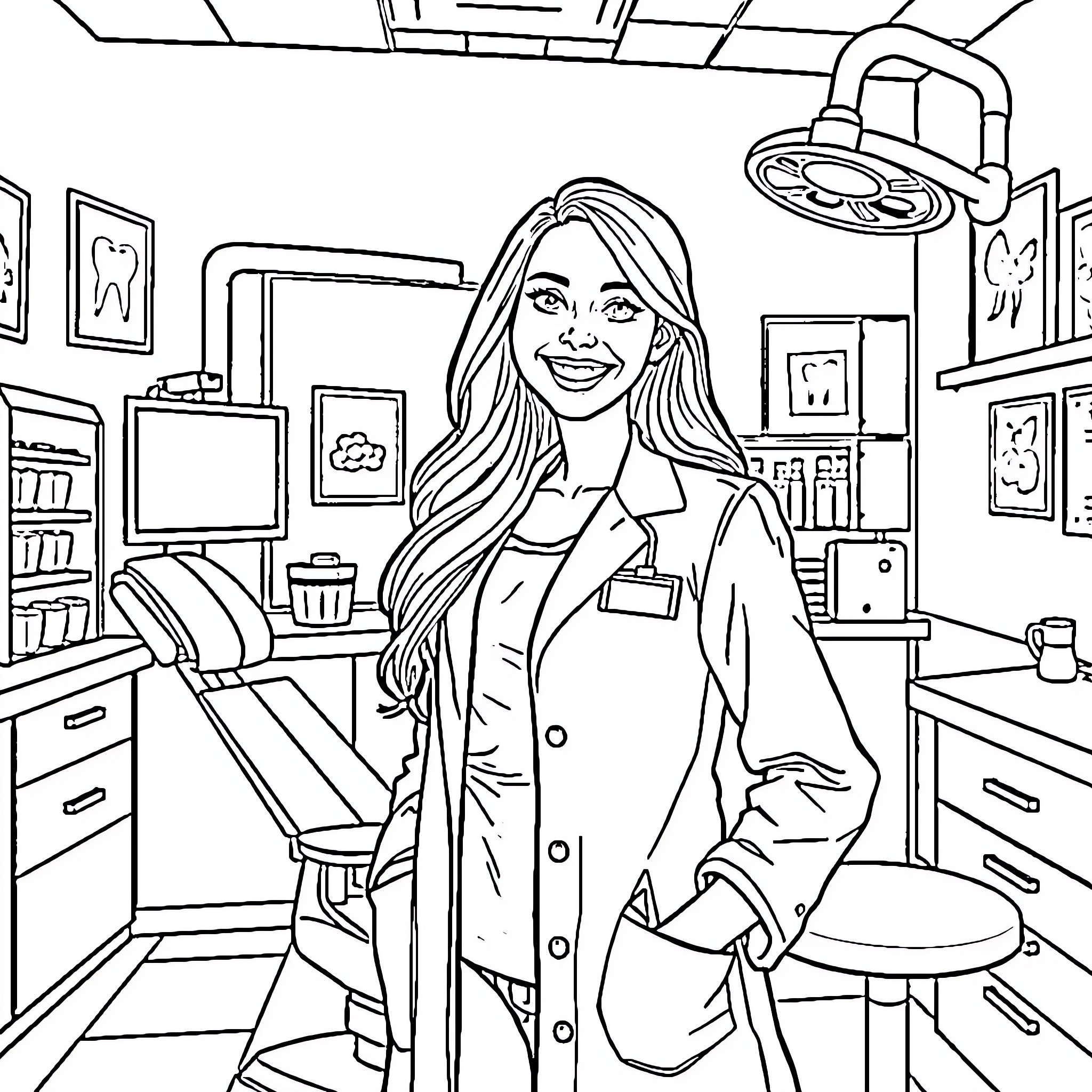 Leah Ashe Smiling Confidently in a Medical Office Coloring Page (free black-and-white line drawing printable PDF for all, from beginners to advanced learners, including children, teens, adults, and seniors)