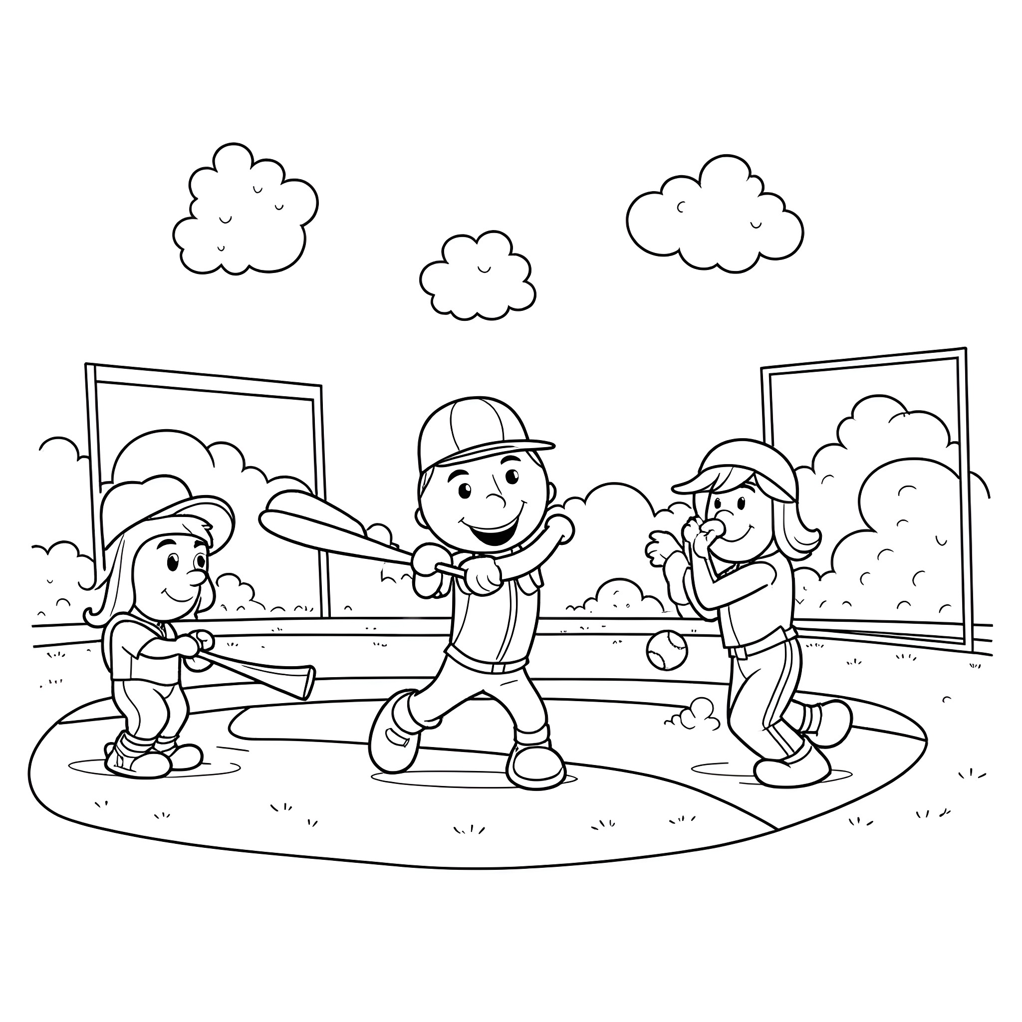 Bluey and friends playing baseball on the field Coloring Page (free black-and-white line drawing printable PDF for all, from beginners to advanced learners, including children, teens, adults, and seniors)
