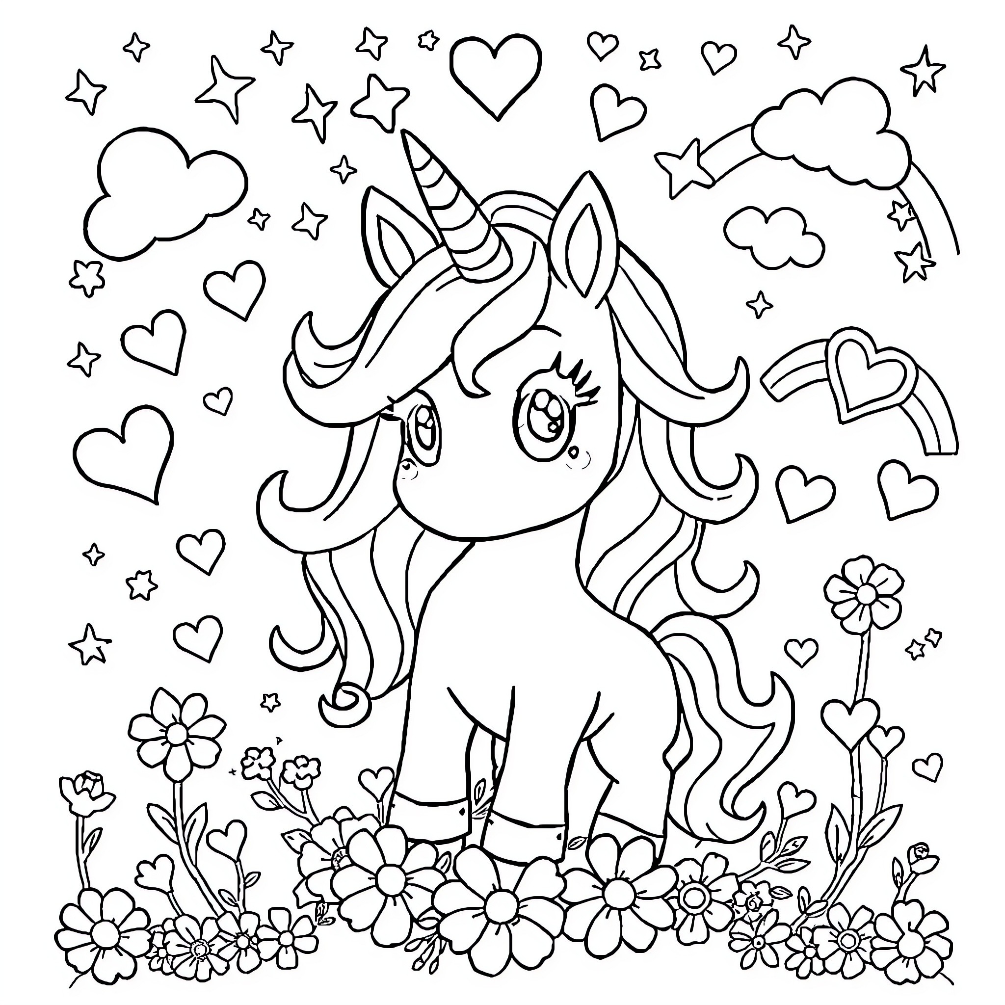 Unicorn playing in a magical field of flowers Coloring Page (free black-and-white line drawing printable PDF for all, from beginners to advanced learners, including children, teens, adults, and seniors)