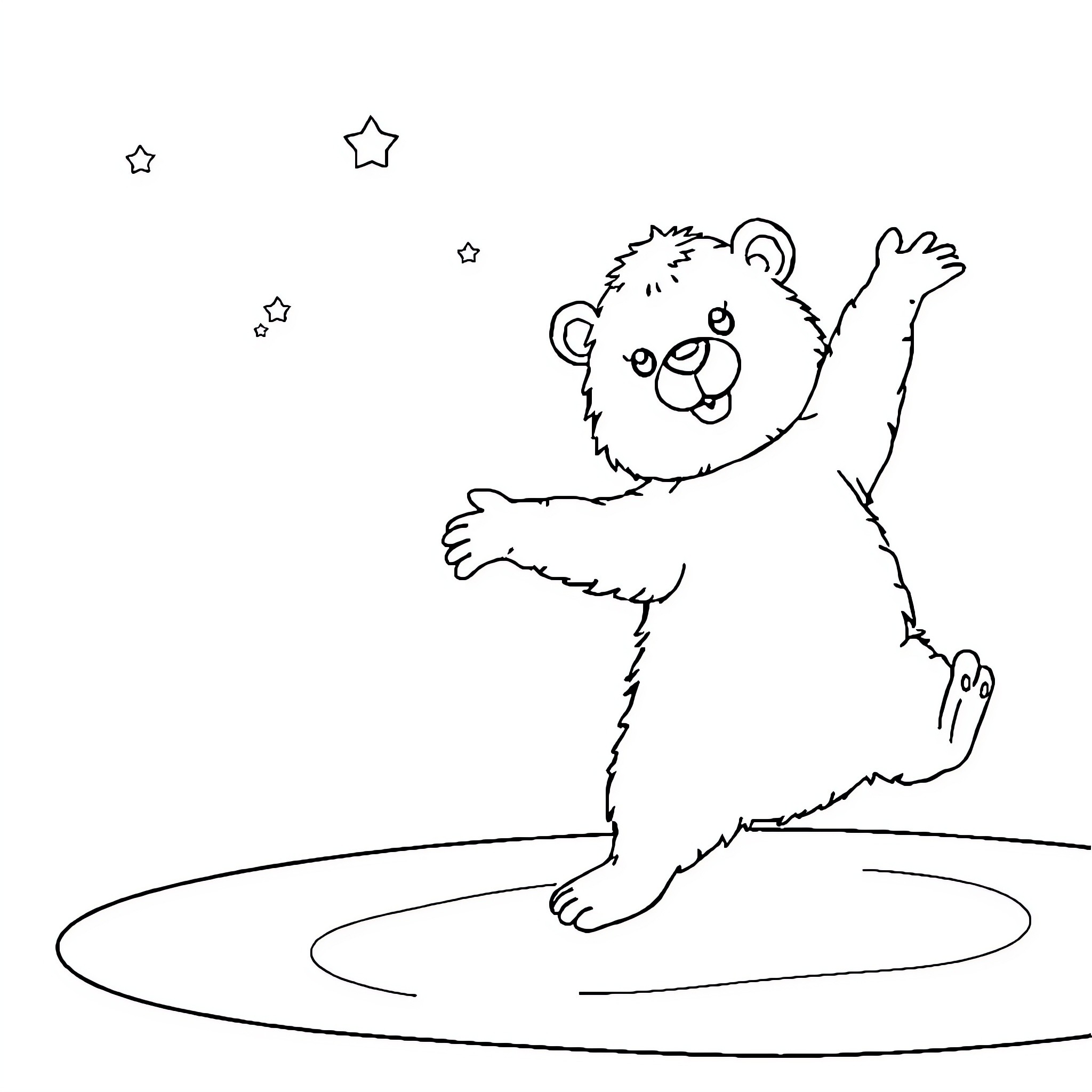 Bear dancing joyfully under the starry night Coloring Page (free black-and-white line drawing printable PDF for all, from beginners to advanced learners, including children, teens, adults, and seniors)