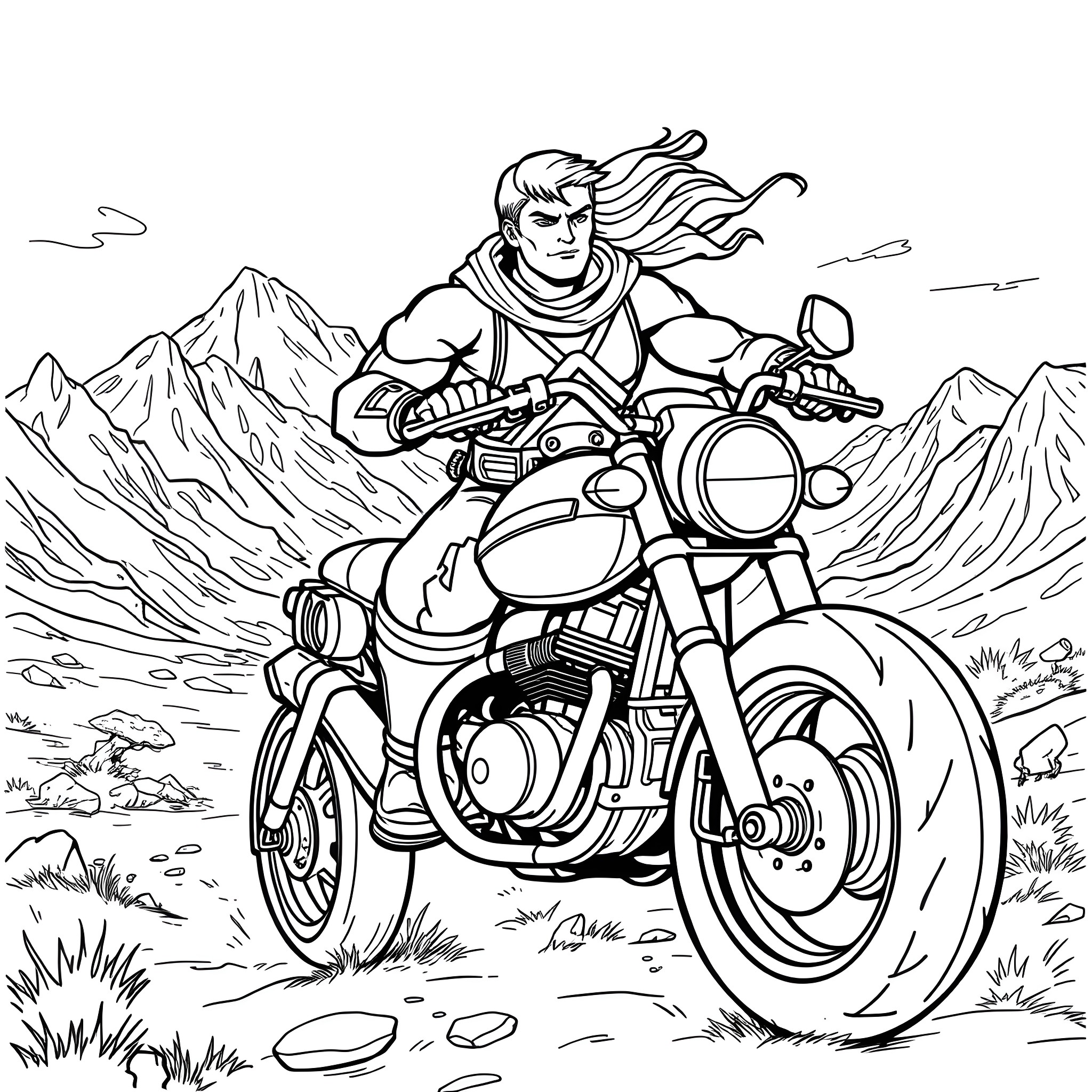 He-Man riding powerful motorcycle through the mountains Coloring Page (free black-and-white line drawing printable PDF for all, from beginners to advanced learners, including children, teens, adults, and seniors)