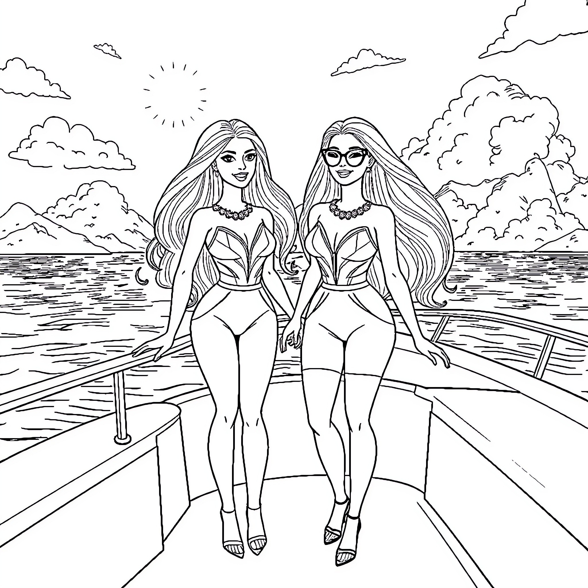 Barbie and friend enjoying a sunny day at the beach Coloring Page (free black-and-white line drawing printable PDF for all, from beginners to advanced learners, including children, teens, adults, and seniors)