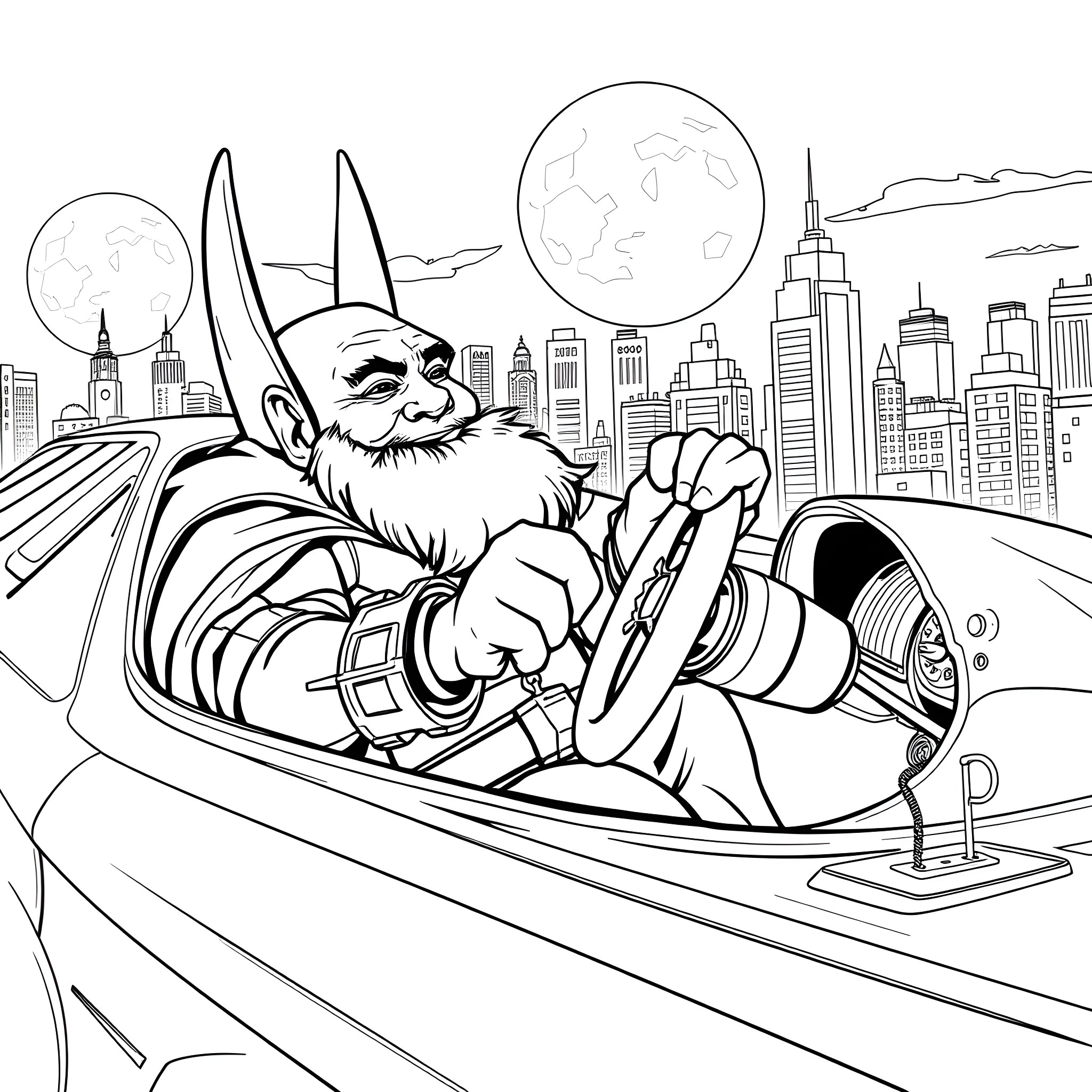 Dwarf superhero driving a futuristic vehicle in the city Coloring Page (free black-and-white line drawing printable PDF for all, from beginners to advanced learners, including children, teens, adults, and seniors)