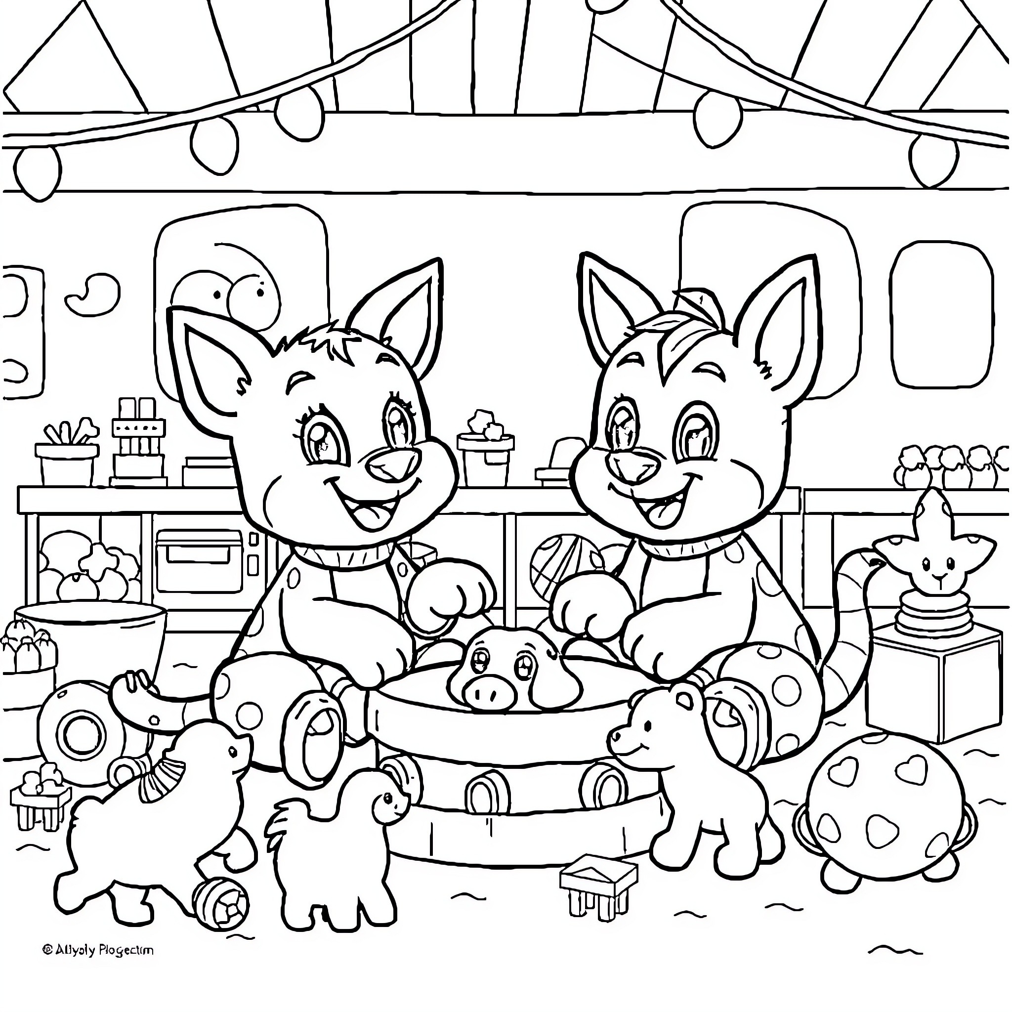 Bluey and friends having a fun playdate Coloring Page (free black-and-white line drawing printable PDF for all, from beginners to advanced learners, including children, teens, adults, and seniors)