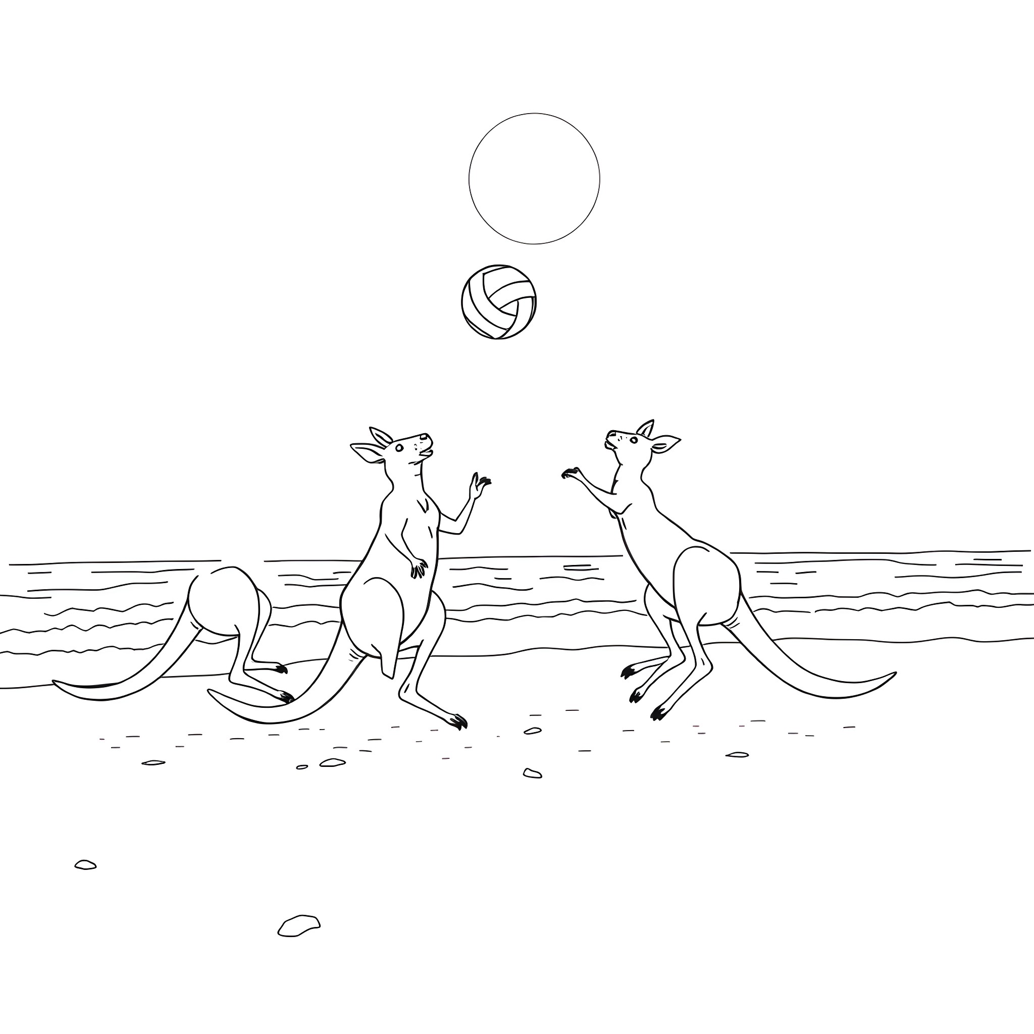 Kangaroos playing with ball on beach Coloring Page (free black-and-white line drawing printable PDF for all, from beginners to advanced learners, including children, teens, adults, and seniors)