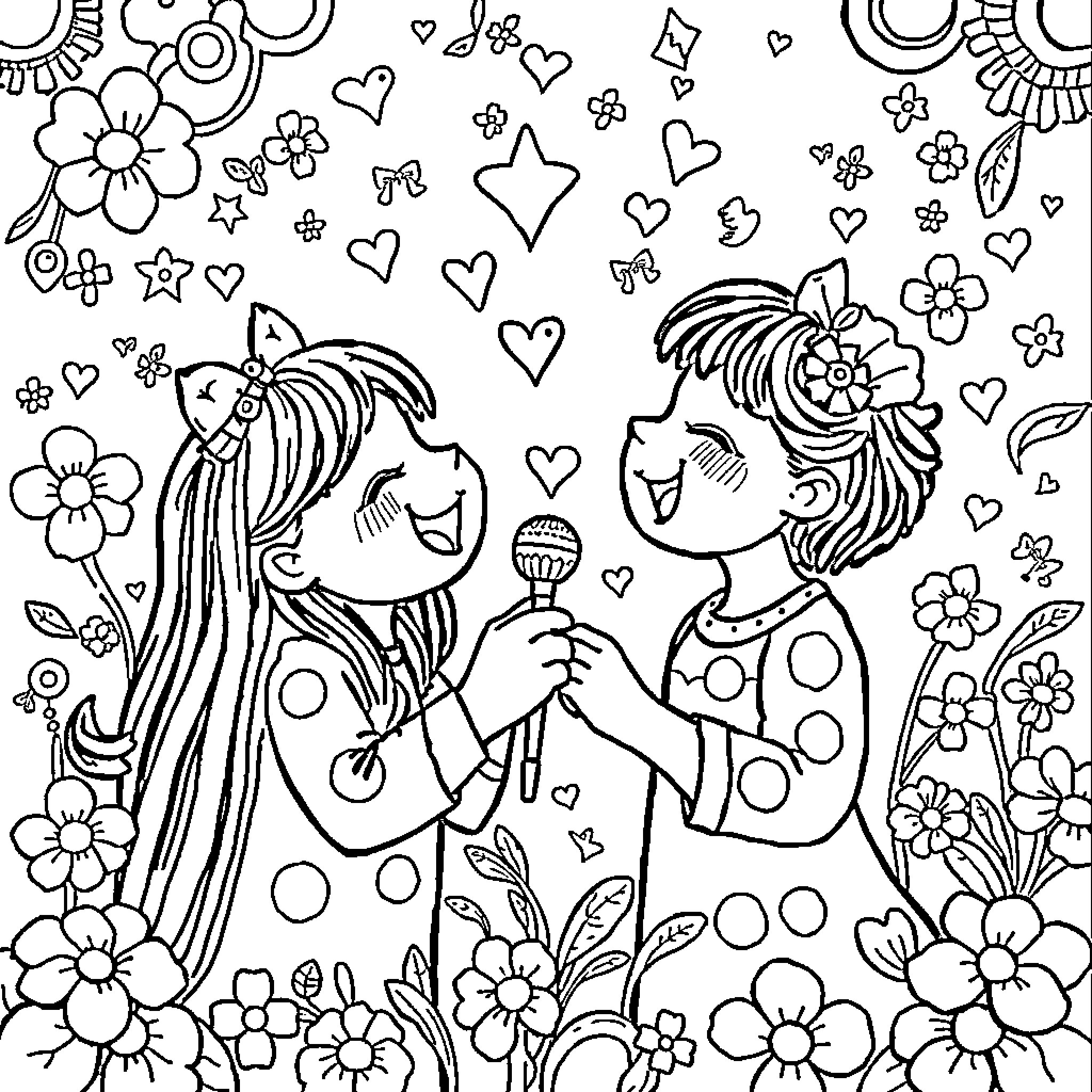 Tralalelo Whimsical Friends Surrounded by Flowers Coloring Page (free black-and-white line drawing printable PDF for all, from beginners to advanced learners, including children, teens, adults, and seniors)