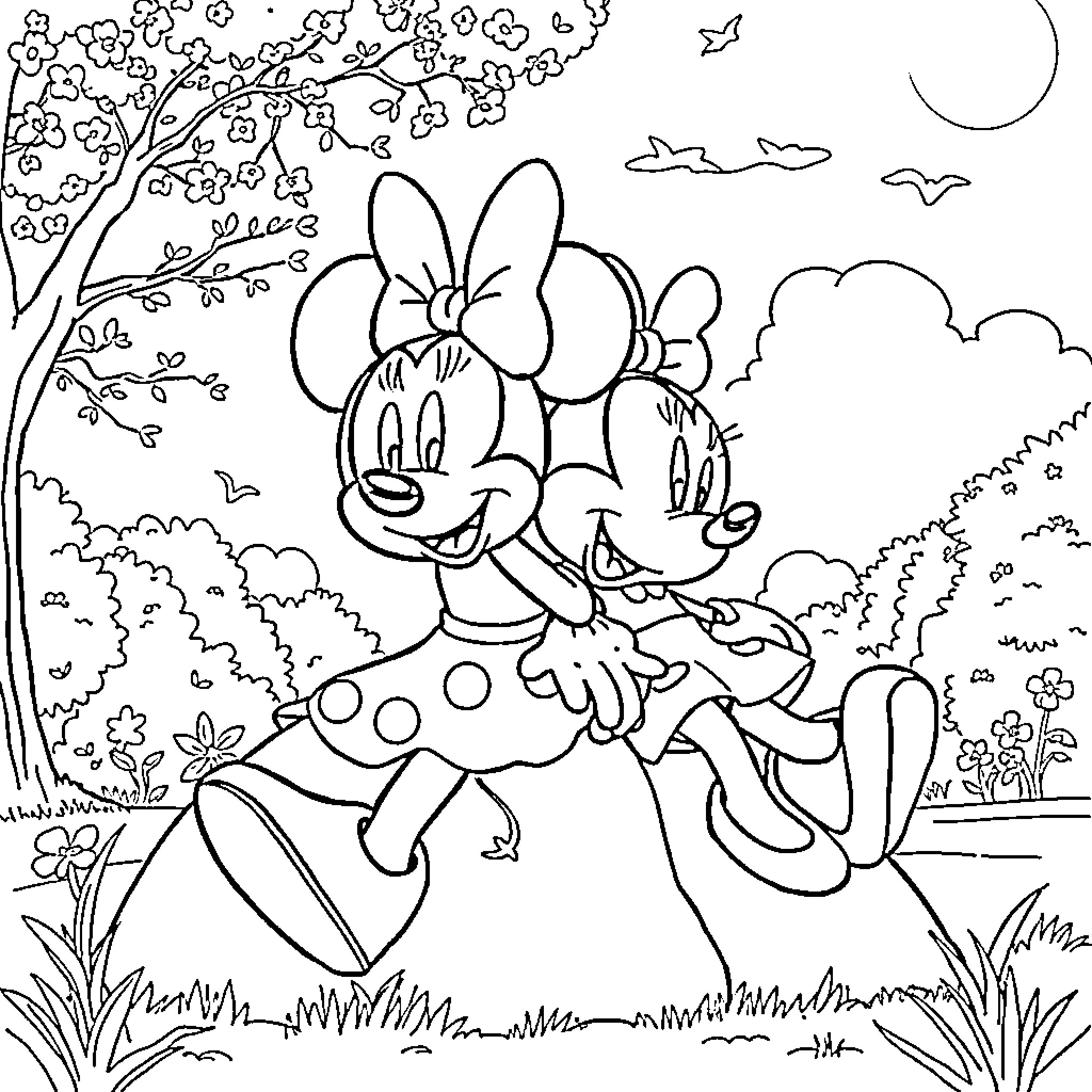 Mickey and Minnie enjoying a spring day in the park Coloring Page (free black-and-white line drawing printable PDF for all, from beginners to advanced learners, including children, teens, adults, and seniors)