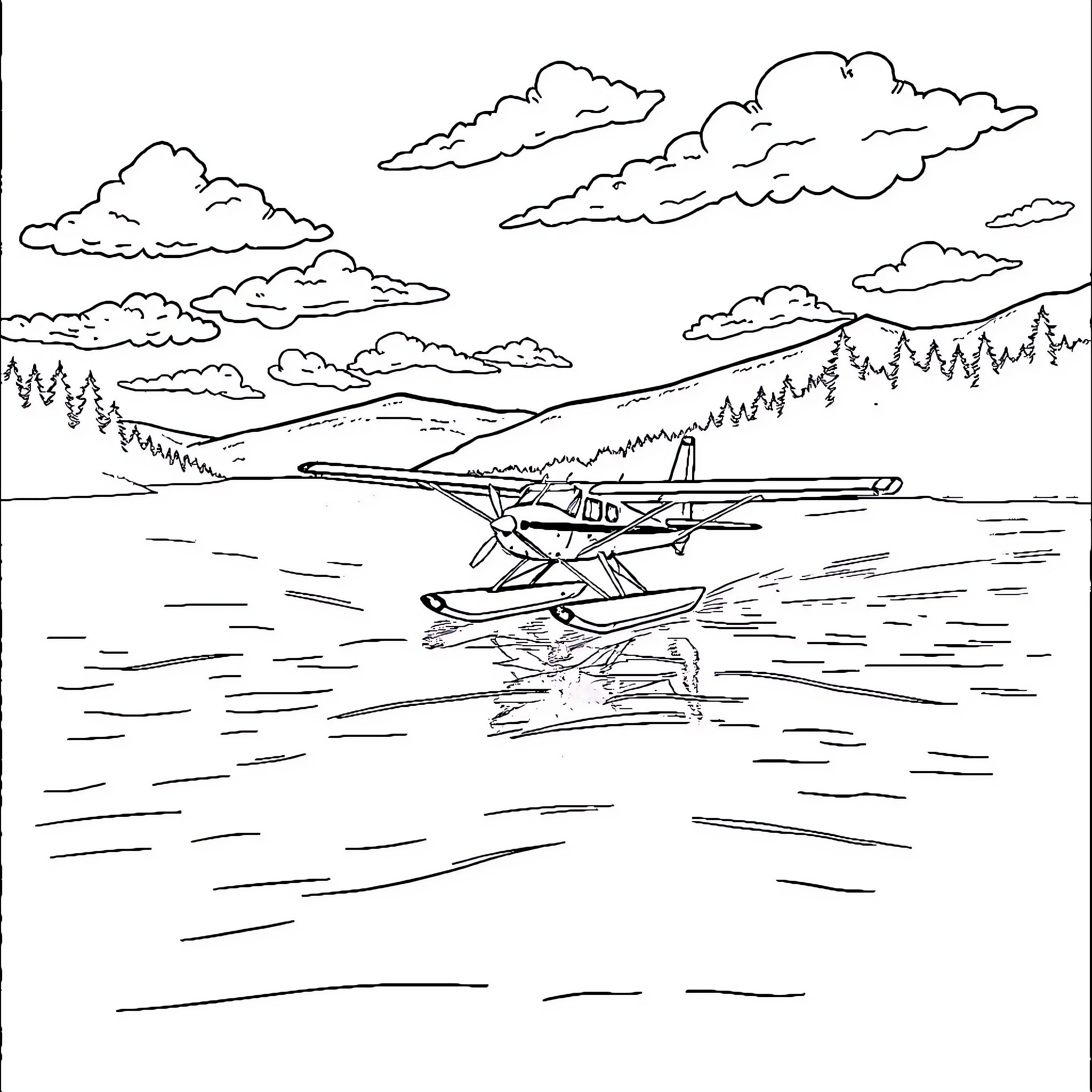 Floatplane flying over serene lake and landscape Coloring Page (free black-and-white line drawing printable PDF for all, from beginners to advanced learners, including children, teens, adults, and seniors)