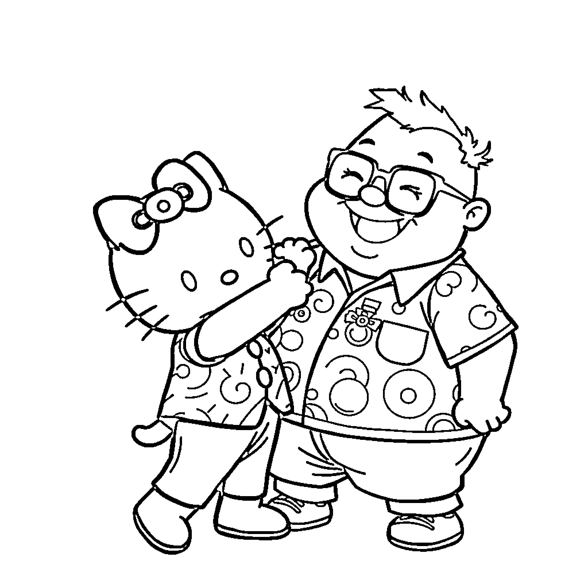 Hello Kitty and friend enjoying a playful moment Coloring Page (free black-and-white line drawing printable PDF for all, from beginners to advanced learners, including children, teens, adults, and seniors)