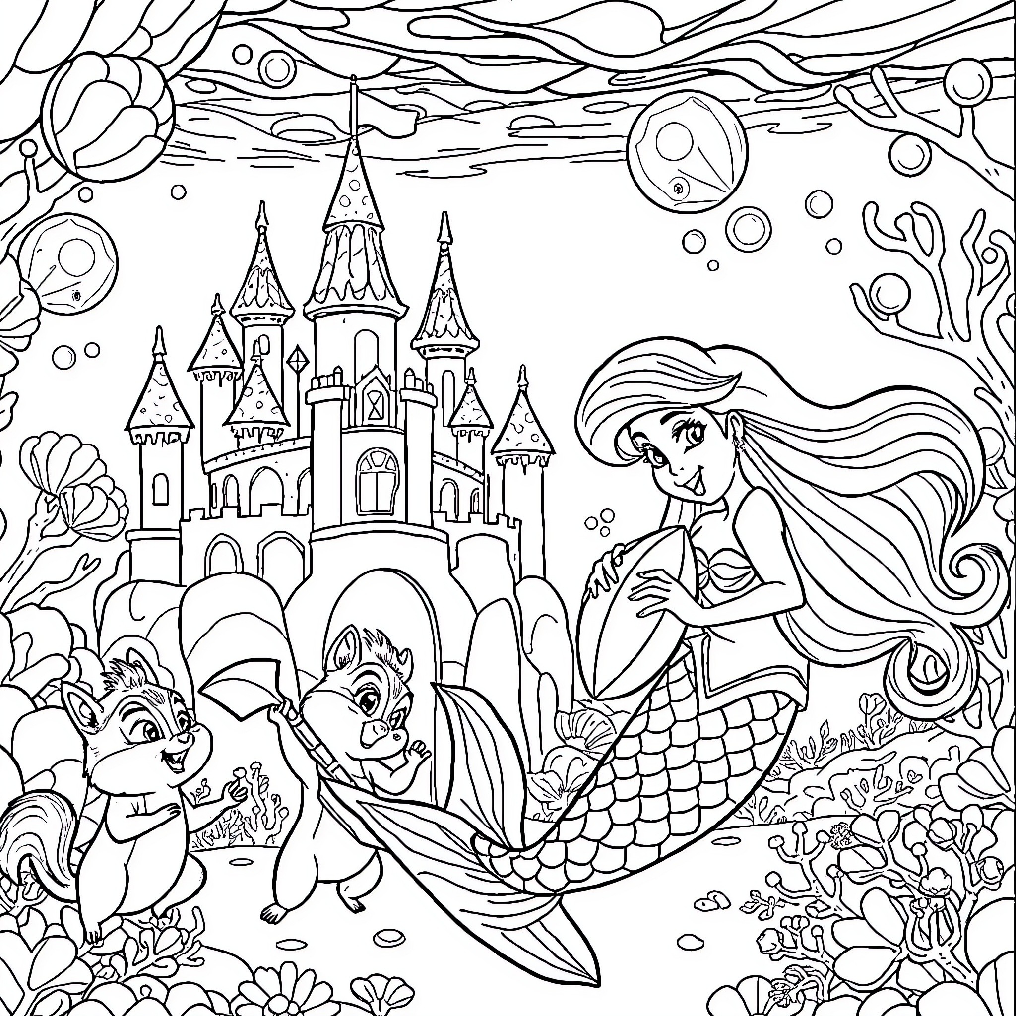 Mermaid Exploring Underwater Castle with Magical Creatures Coloring Page (free black-and-white line drawing printable PDF for all, from beginners to advanced learners, including children, teens, adults, and seniors)