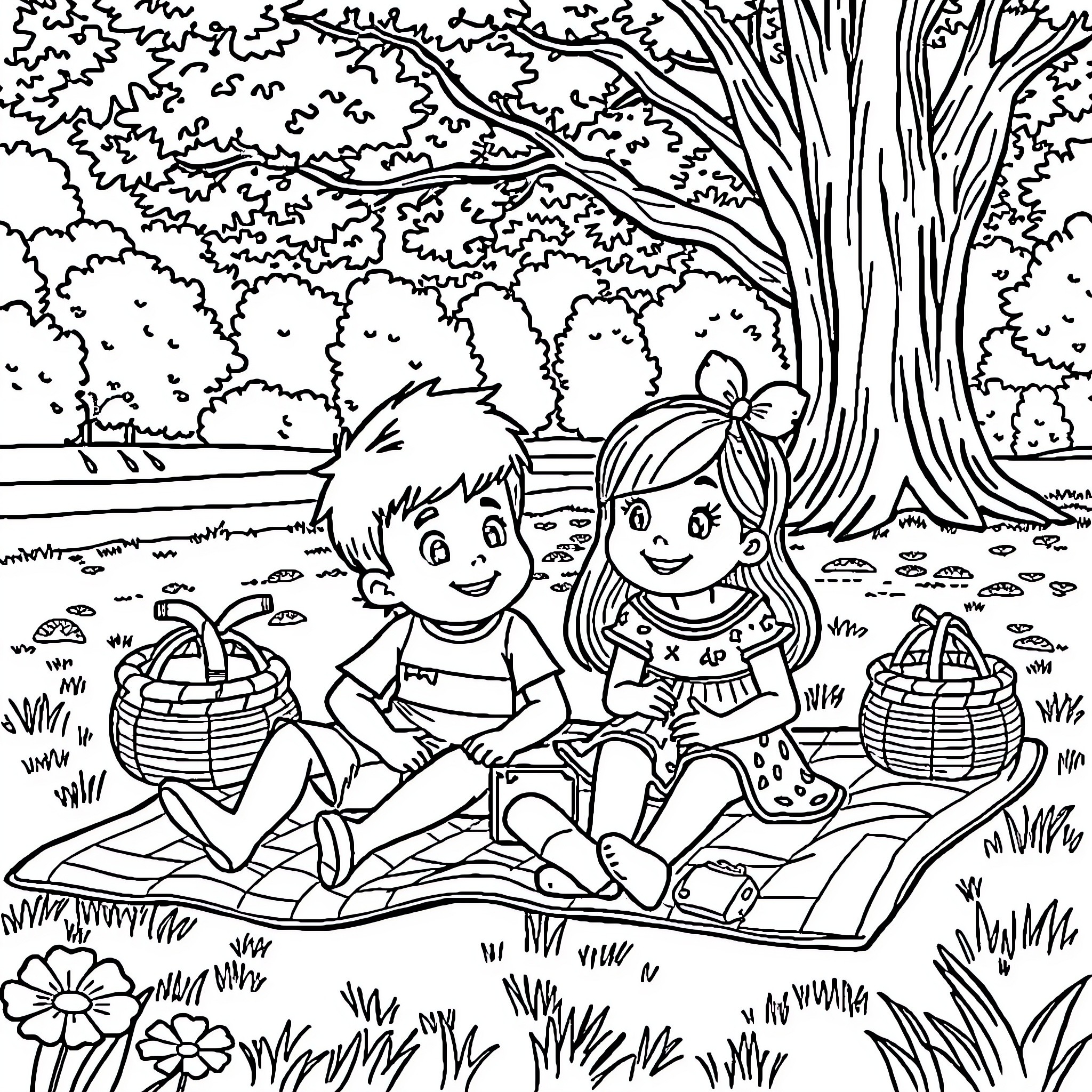 Alec and Lily's Picnic Adventure Coloring Page (free black-and-white line drawing printable PDF for all, from beginners to advanced learners, including children, teens, adults, and seniors)