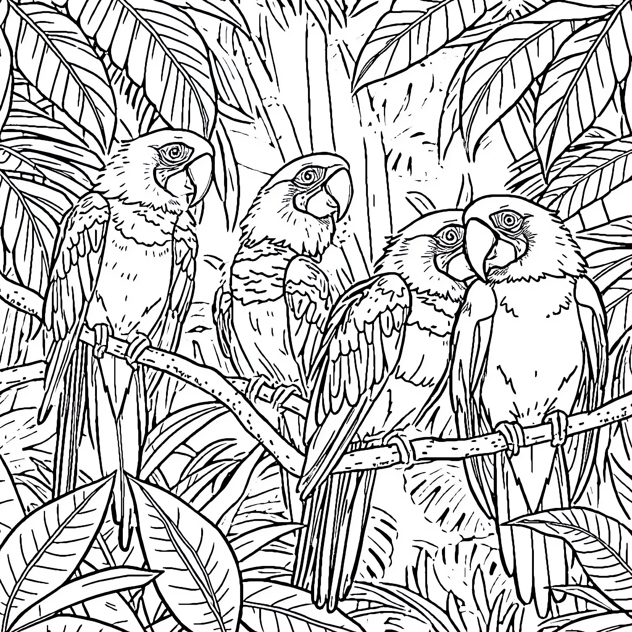 Macaw trio in tropical foliage Coloring Page (free black-and-white line drawing printable PDF for all, from beginners to advanced learners, including children, teens, adults, and seniors)