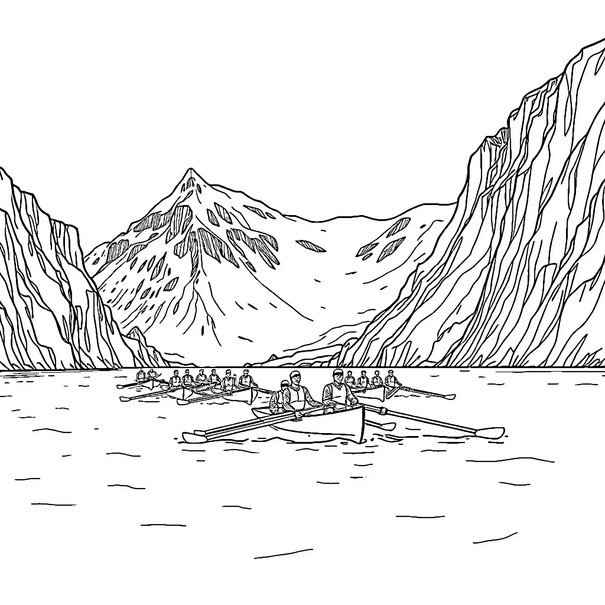 Rowboat expedition in mountainous landscape Coloring Page (free black-and-white line drawing printable PDF for all, from beginners to advanced learners, including children, teens, adults, and seniors)