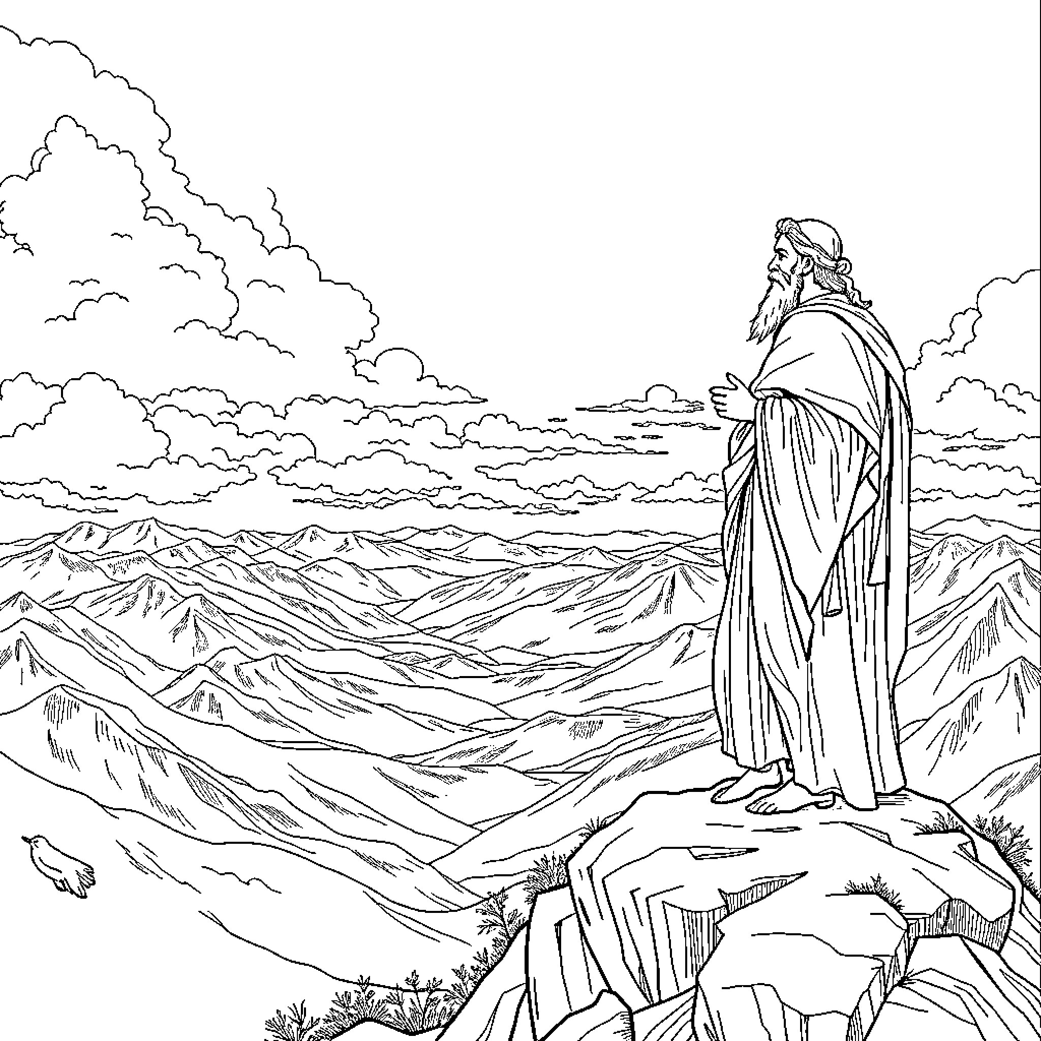 Cat overlooking the mountain landscape Coloring Page (free black-and-white line drawing printable PDF for all, from beginners to advanced learners, including children, teens, adults, and seniors)