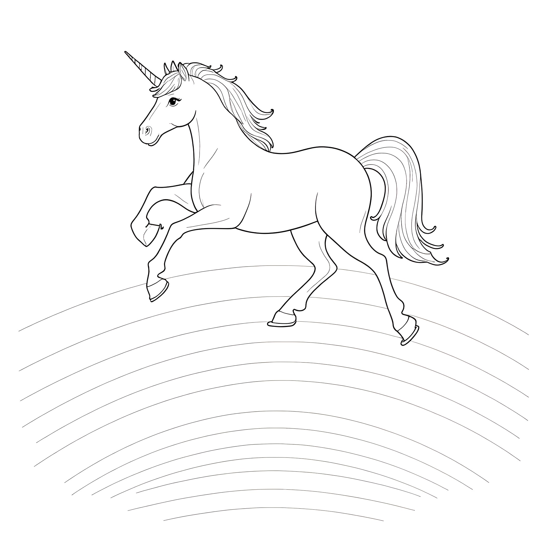 Unicorn Galloping Gracefully Coloring Page (free black-and-white line drawing printable PDF for all, from beginners to advanced learners, including children, teens, adults, and seniors)