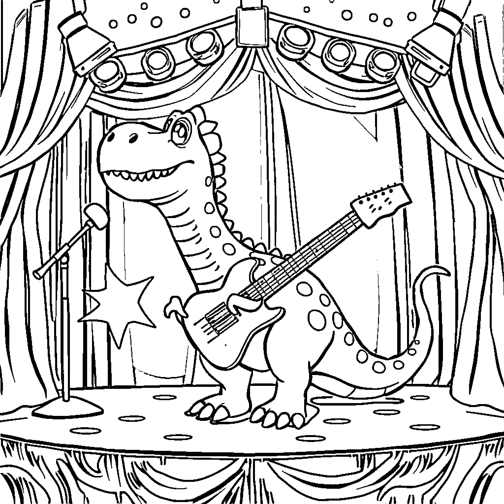 Heyvisaurus performing on stage with guitar Coloring Page (free black-and-white line drawing printable PDF for all, from beginners to advanced learners, including children, teens, adults, and seniors)