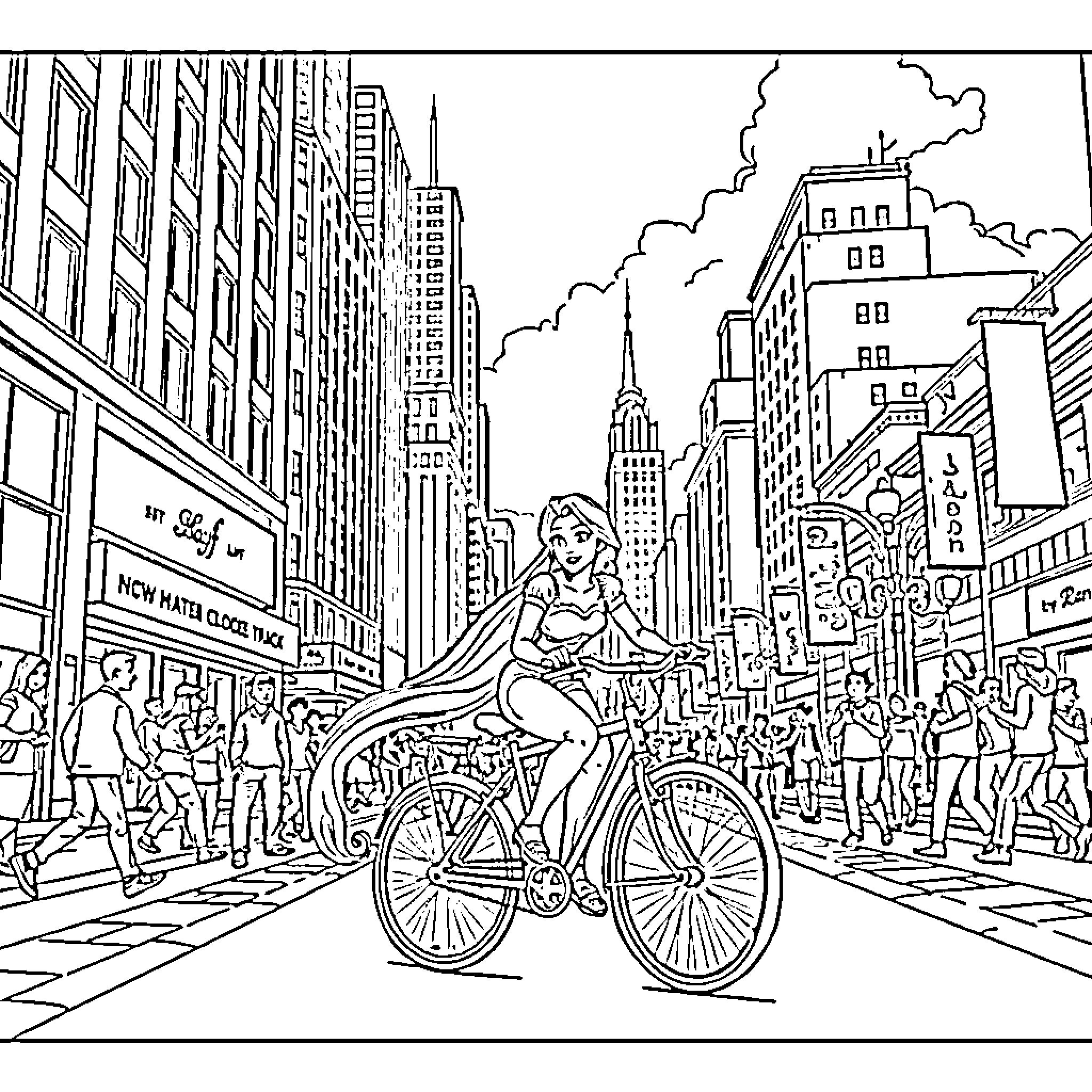 Rapunzel Cycling Through Busy City Streets Coloring Page (free black-and-white line drawing printable PDF for all, from beginners to advanced learners, including children, teens, adults, and seniors)