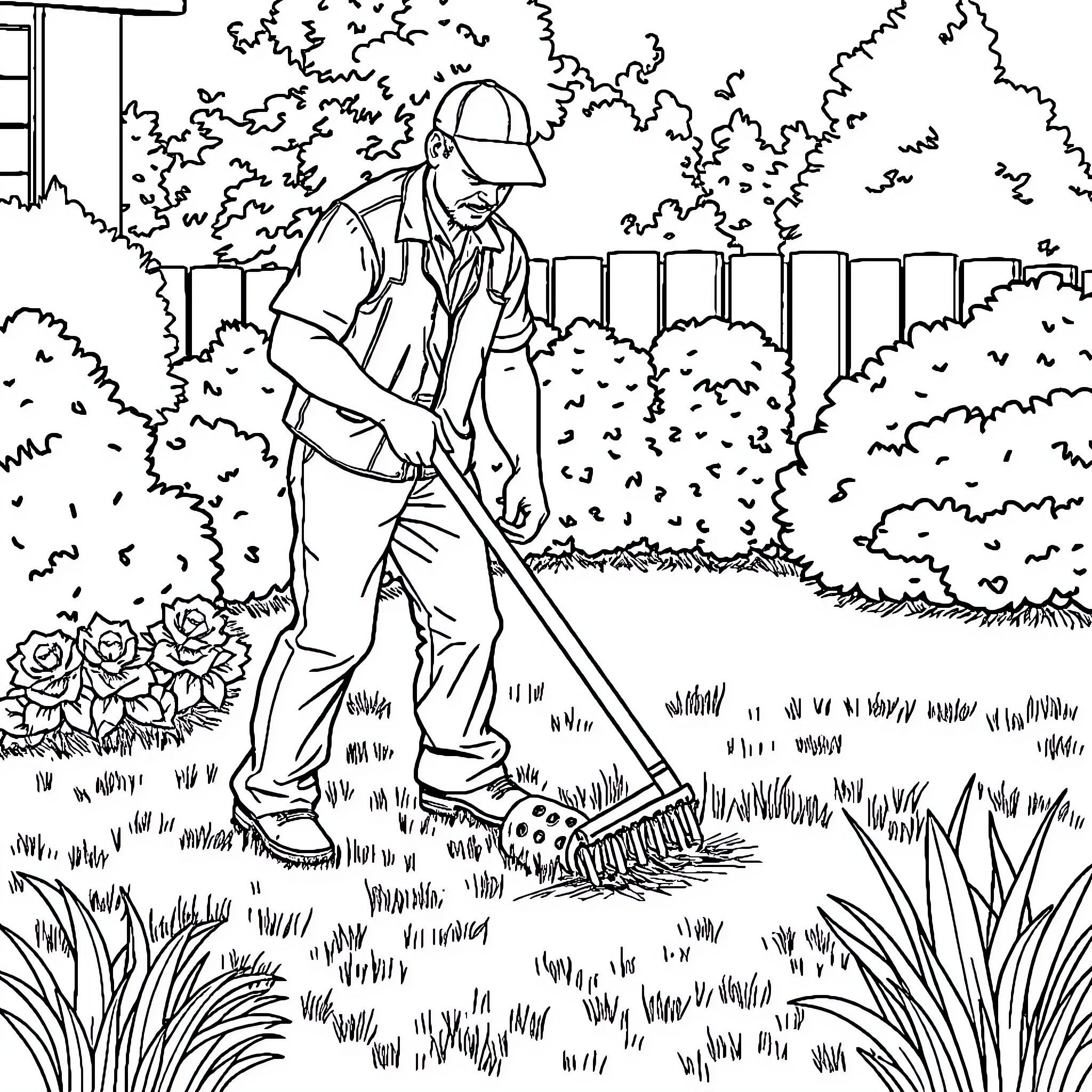 Man working diligently in the garden Coloring Page (free black-and-white line drawing printable PDF for all, from beginners to advanced learners, including children, teens, adults, and seniors)