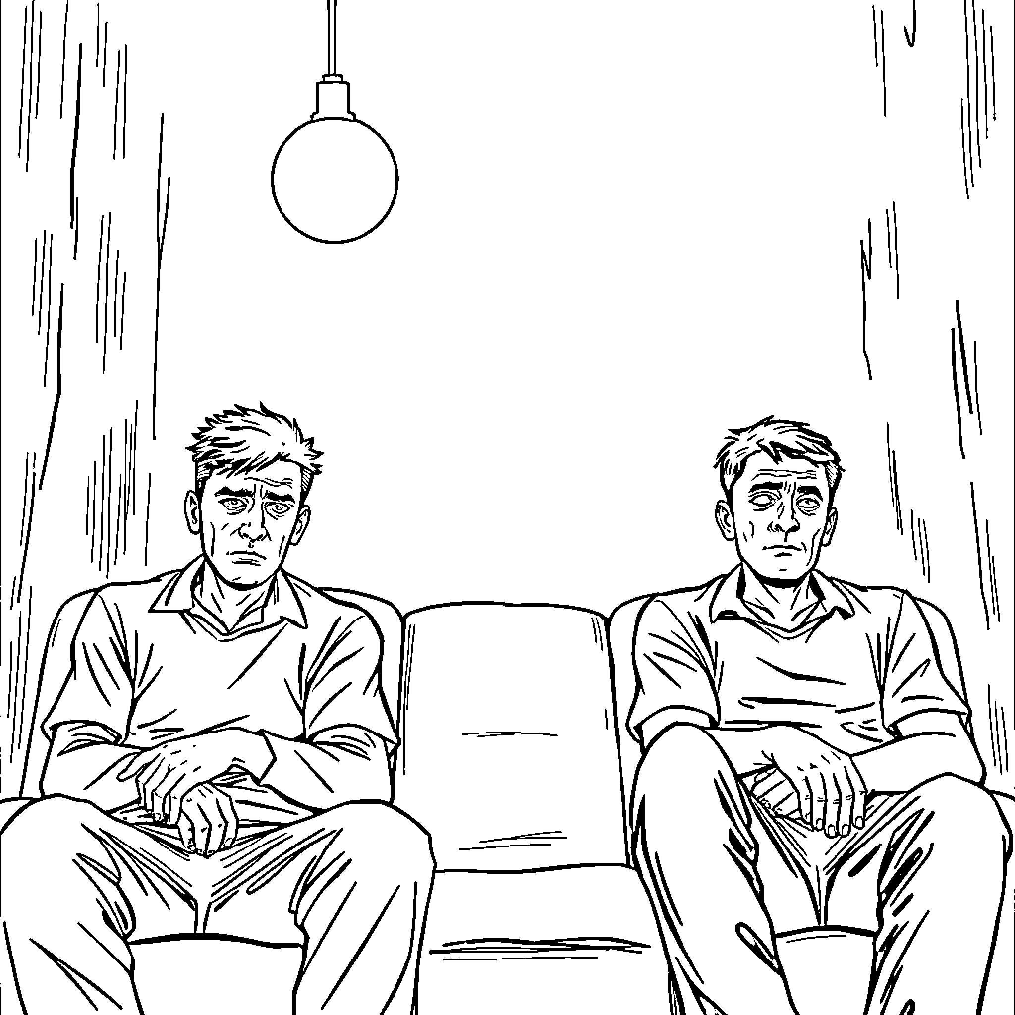Men sitting solemnly in dimly lit room Coloring Page (free black-and-white line drawing printable PDF for all, from beginners to advanced learners, including children, teens, adults, and seniors)
