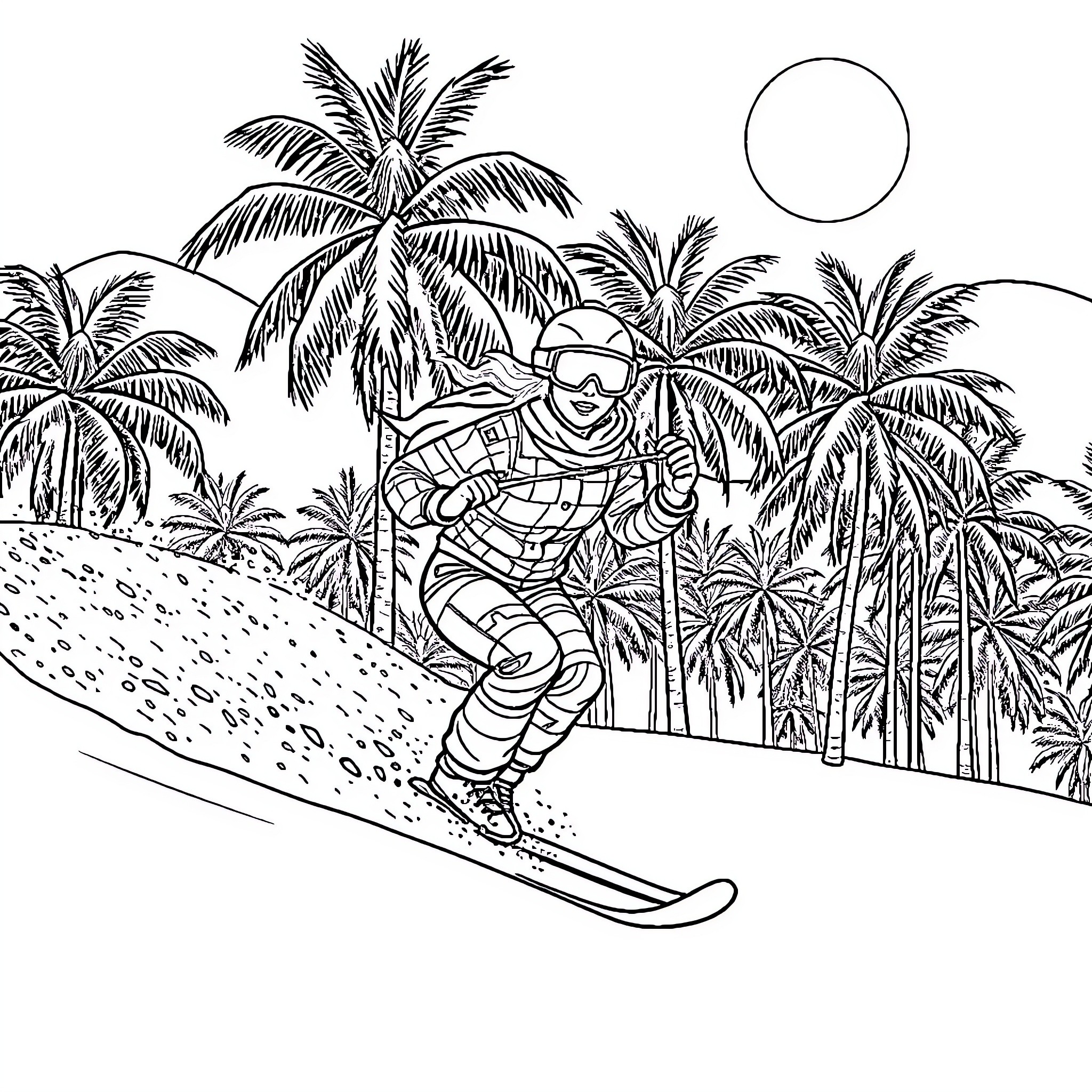 Woman skiing down tropical palm-lined slope Coloring Page (free black-and-white line drawing printable PDF for all, from beginners to advanced learners, including children, teens, adults, and seniors)