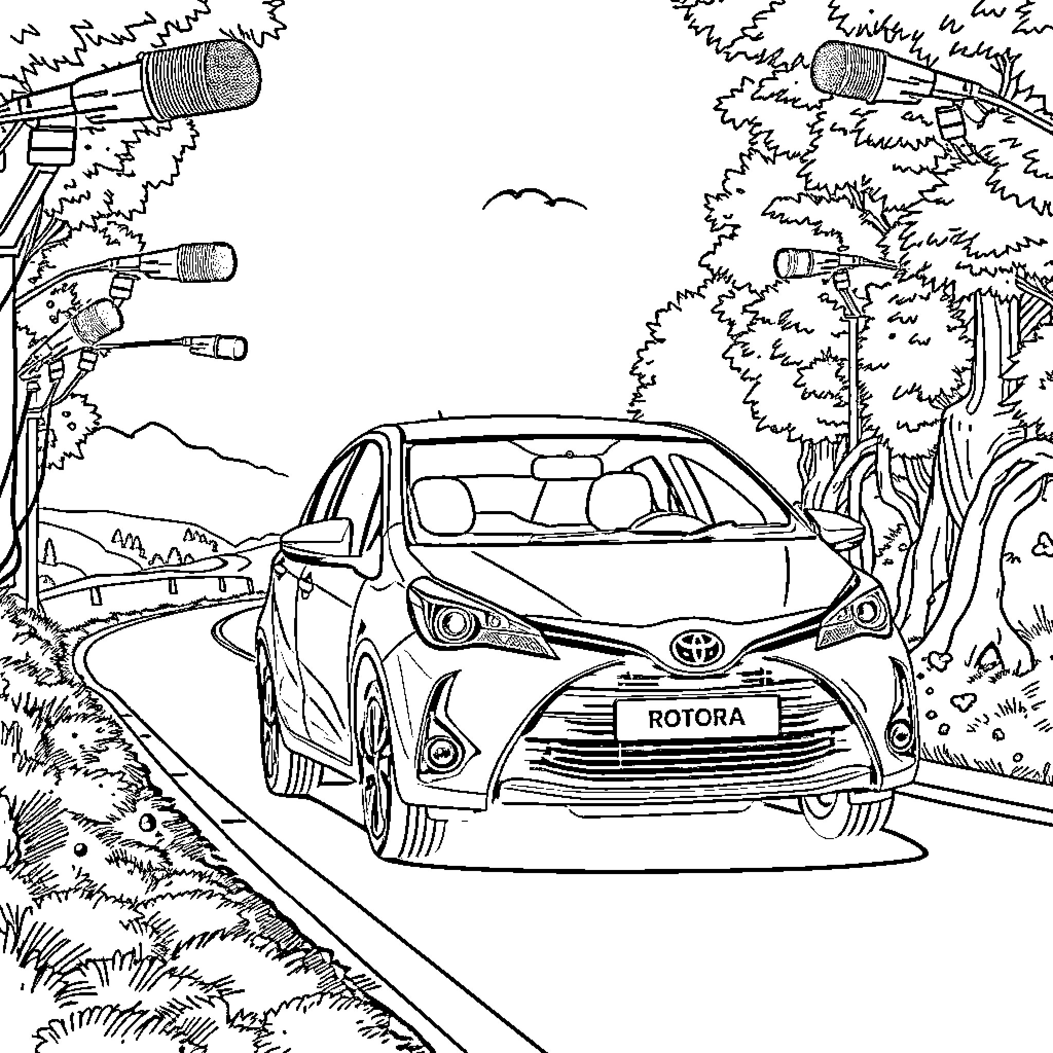 Toyota Yaris driving on a scenic country road Coloring Page (free black-and-white line drawing printable PDF for all, from beginners to advanced learners, including children, teens, adults, and seniors)