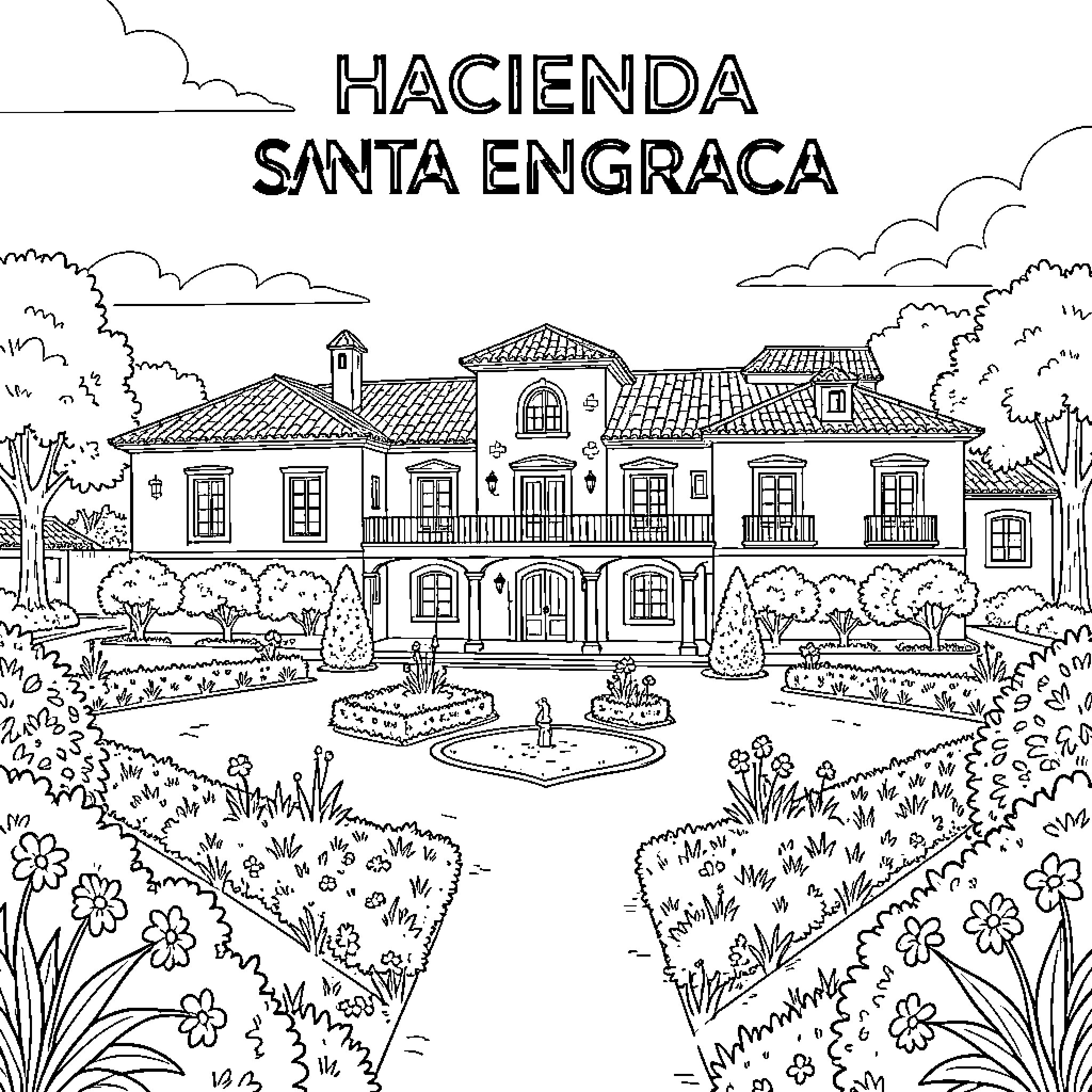 Hacienda featuring a grand courtyard and manicured gardens Coloring Page (free black-and-white line drawing printable PDF for all, from beginners to advanced learners, including children, teens, adults, and seniors)
