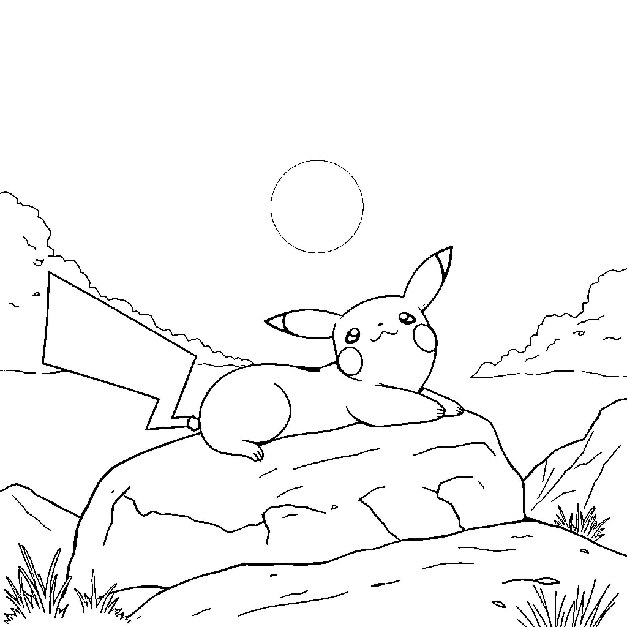 Pikachu resting on a rocky landscape Coloring Page (free black-and-white line drawing printable PDF for all, from beginners to advanced learners, including children, teens, adults, and seniors)