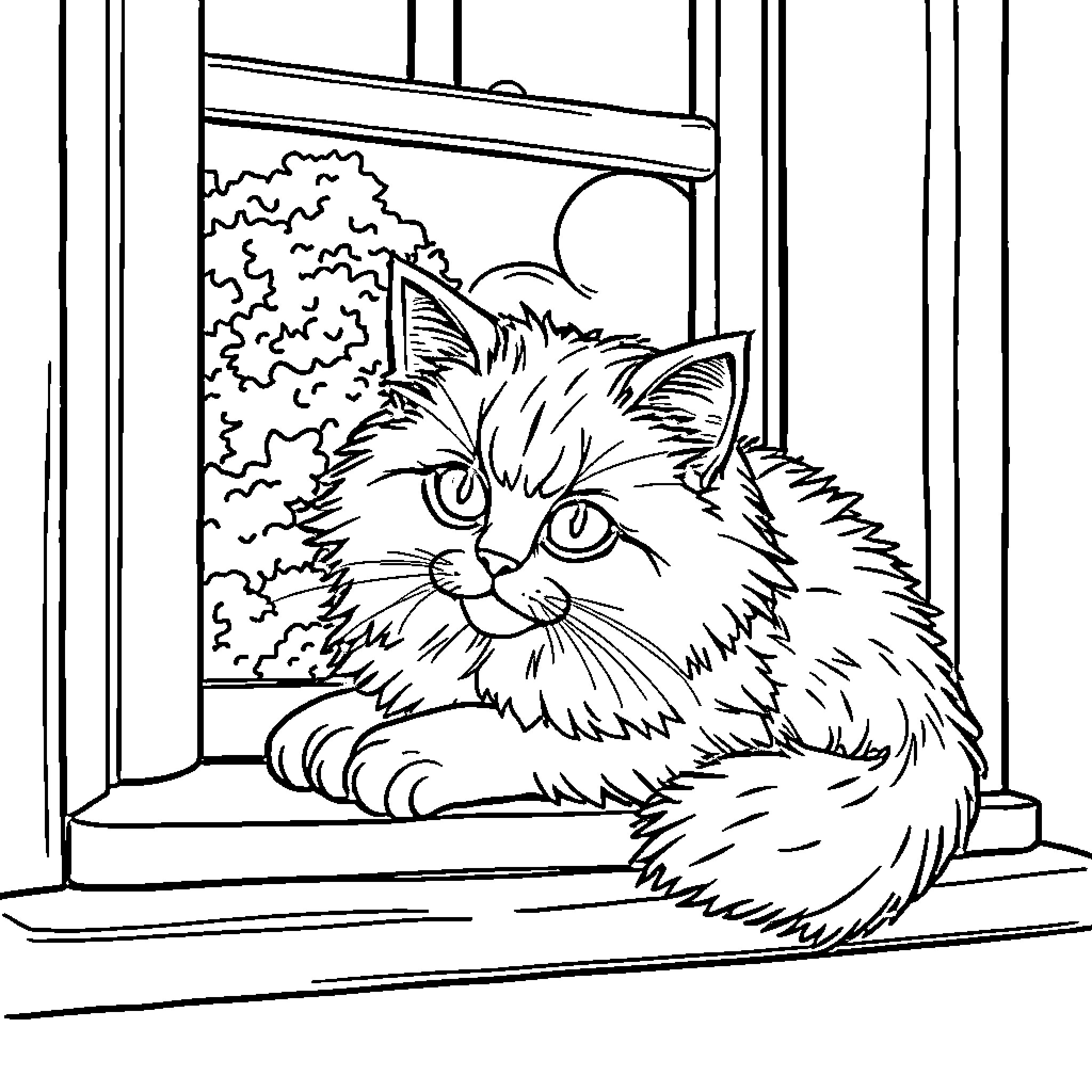 Ragdoll Cat observing the scenery through the window Coloring Page (free black-and-white line drawing printable PDF for all, from beginners to advanced learners, including children, teens, adults, and seniors)