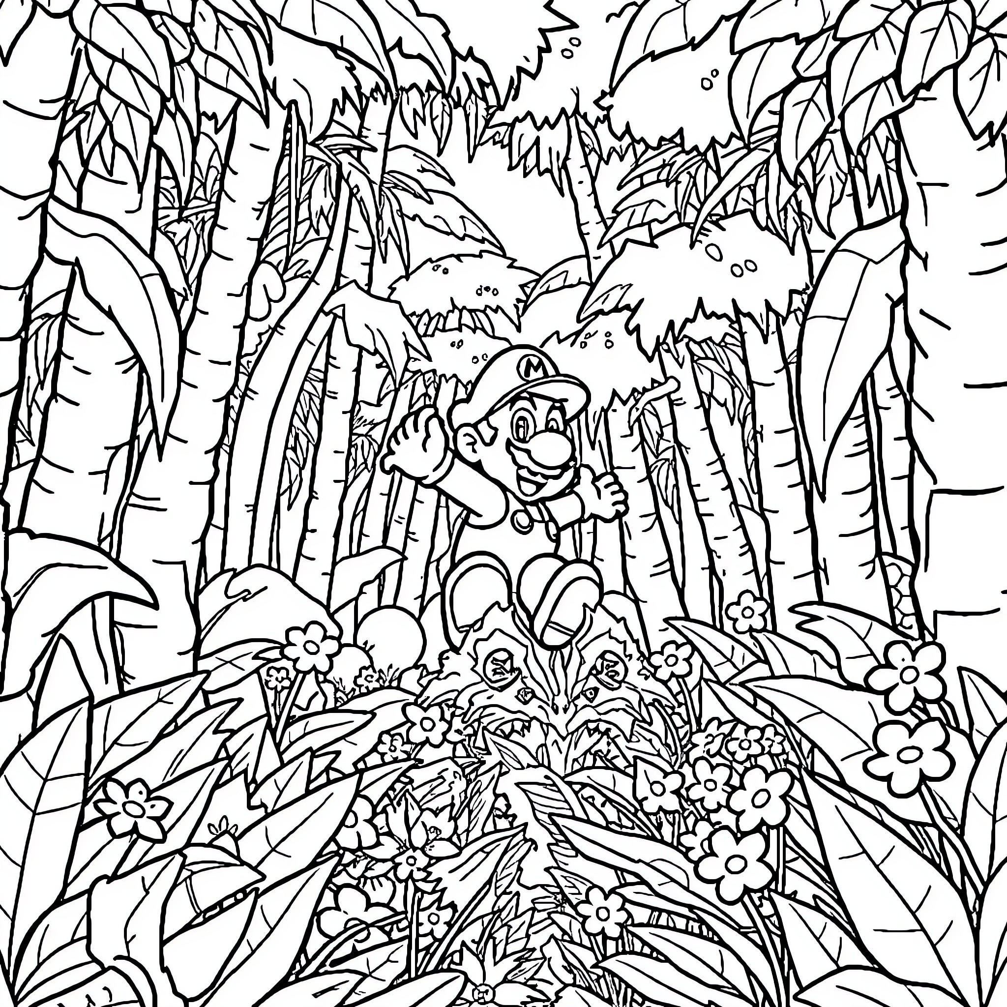 Super Mario Exploring Lush Jungle Landscape Coloring Page (free black-and-white line drawing printable PDF for all, from beginners to advanced learners, including children, teens, adults, and seniors)