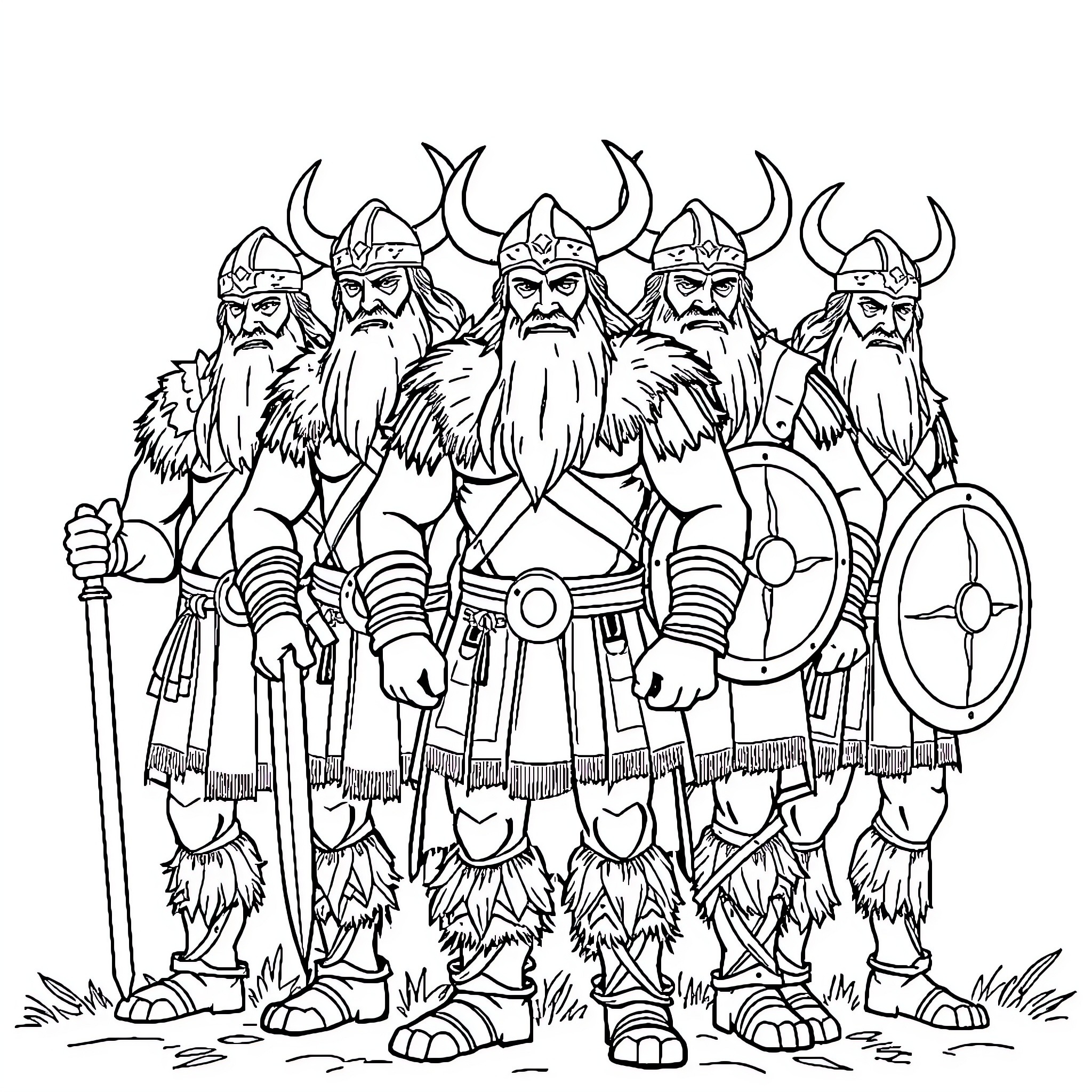 Viking Warriors in Battle Formation Coloring Page (free black-and-white line drawing printable PDF for all, from beginners to advanced learners, including children, teens, adults, and seniors)