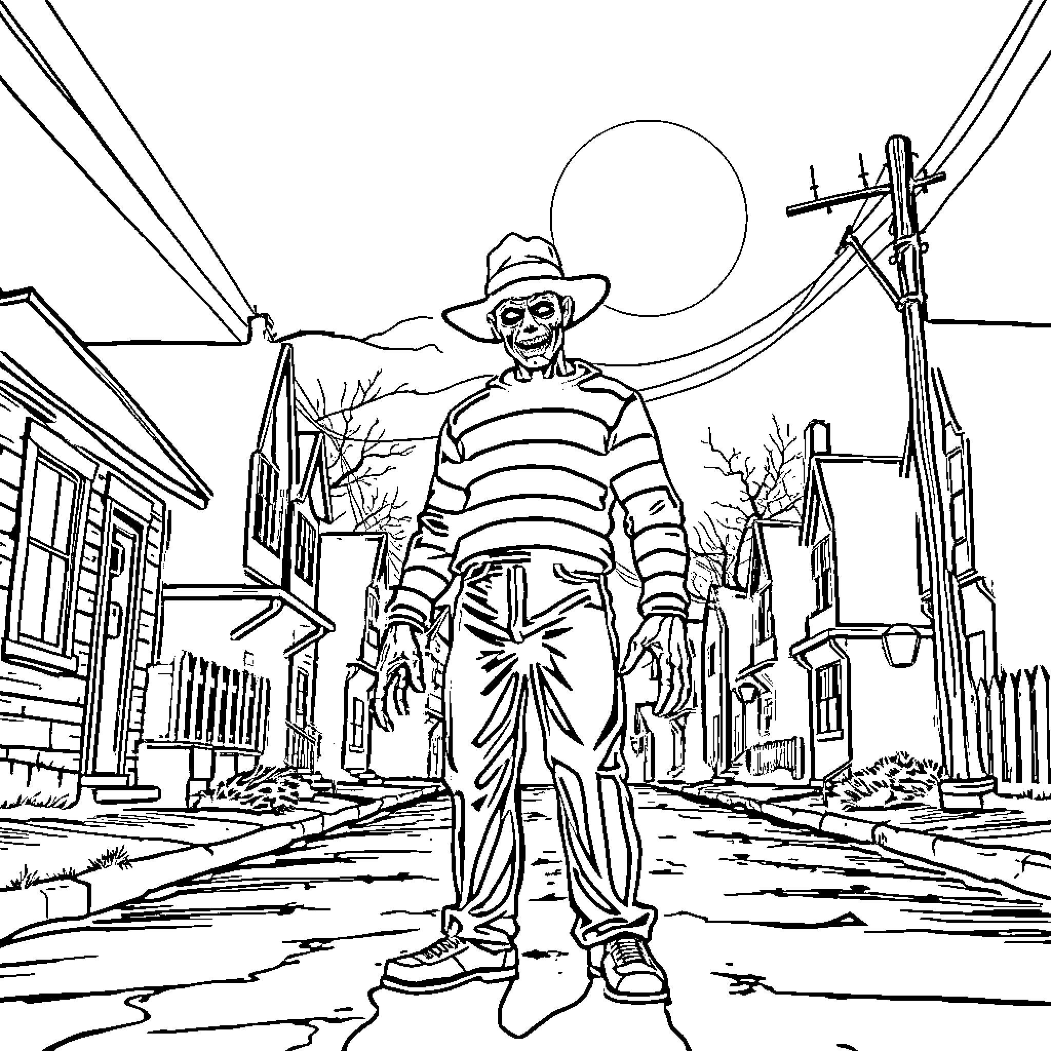 Freddy Krueger Haunting the Neighborhood Coloring Page (free black-and-white line drawing printable PDF for all, from beginners to advanced learners, including children, teens, adults, and seniors)