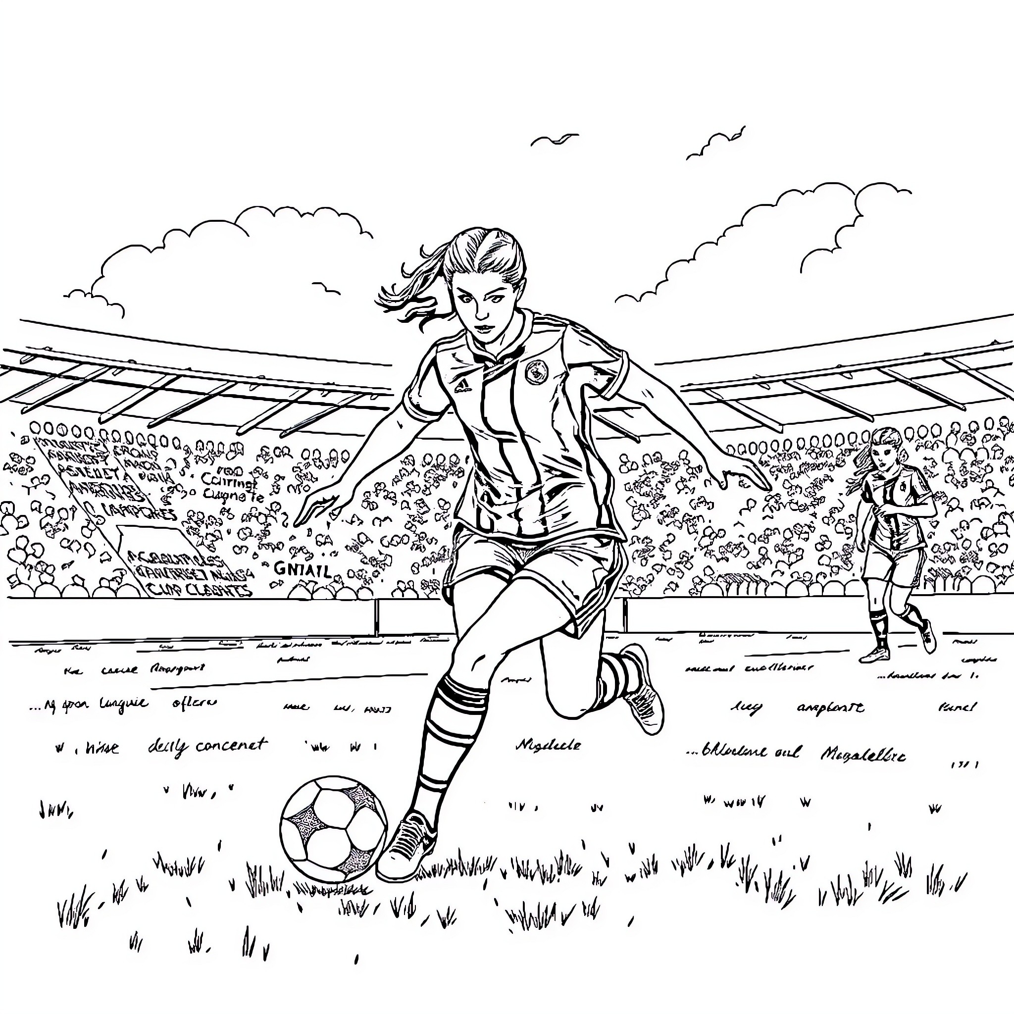 Mouthe Athlete Excelling in Soccer Match Coloring Page (free black-and-white line drawing printable PDF for all, from beginners to advanced learners, including children, teens, adults, and seniors)