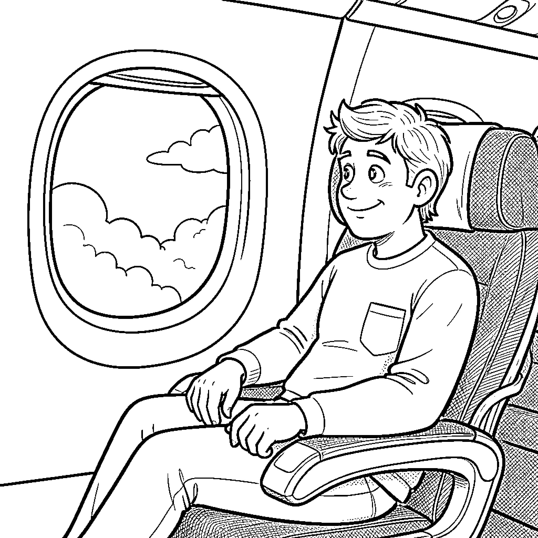 Ruben's Journey Aboard the Airplane Coloring Page (free black-and-white line drawing printable PDF for all, from beginners to advanced learners, including children, teens, adults, and seniors)