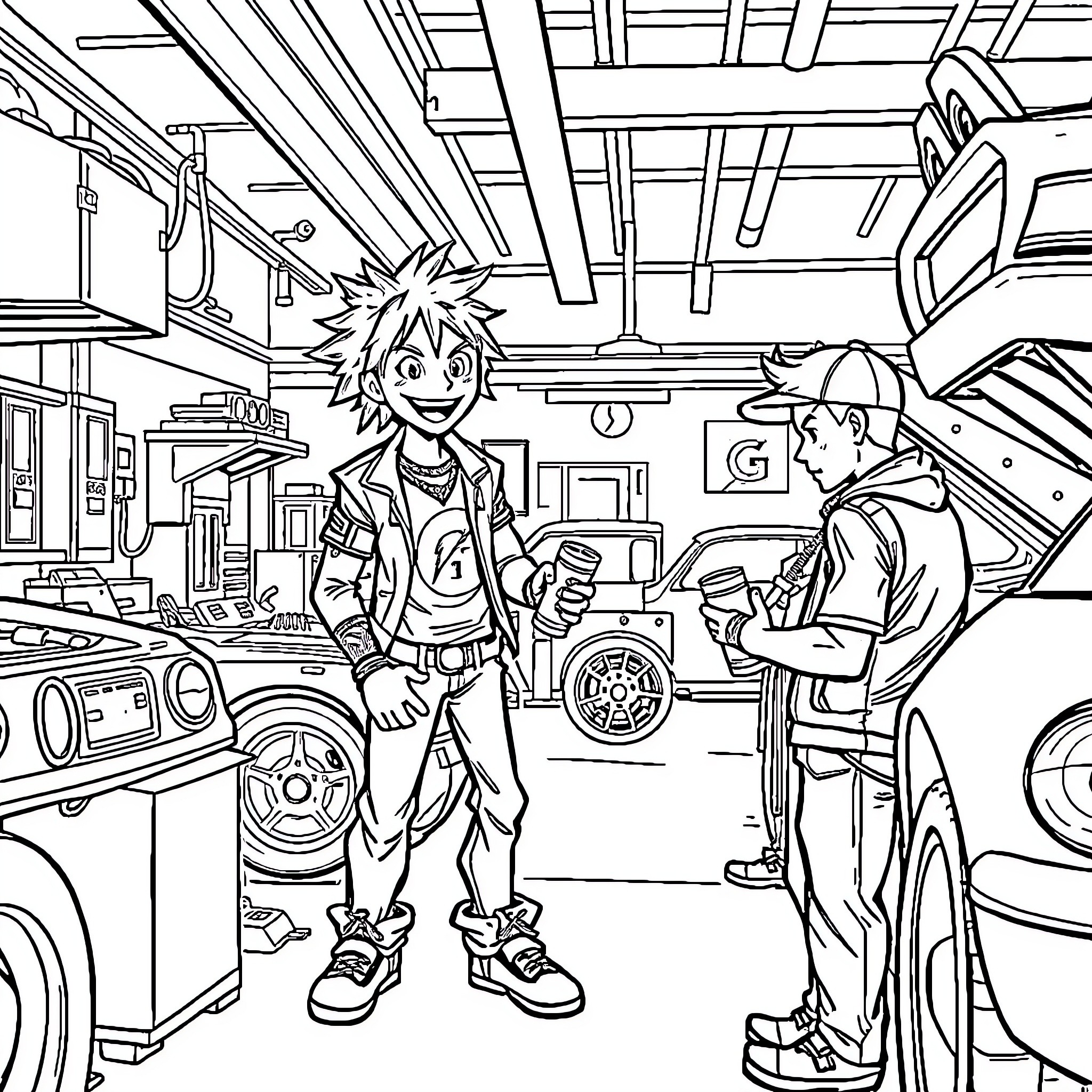 Punk Rocker's Garage Adventure Coloring Page (free black-and-white line drawing printable PDF for all, from beginners to advanced learners, including children, teens, adults, and seniors)