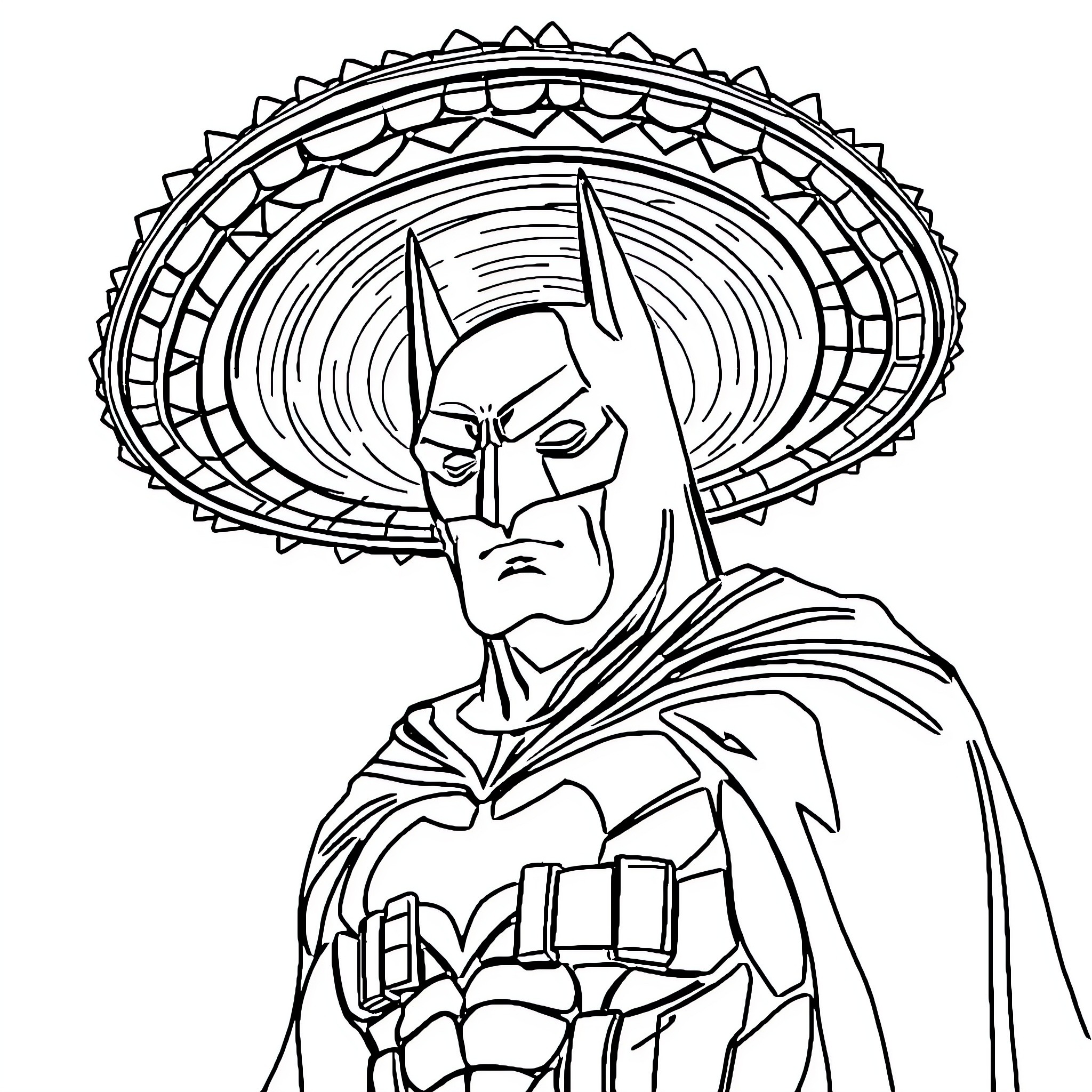 Batman in a decorative, tribal-inspired outfit Coloring Page (free black-and-white line drawing printable PDF for all, from beginners to advanced learners, including children, teens, adults, and seniors)