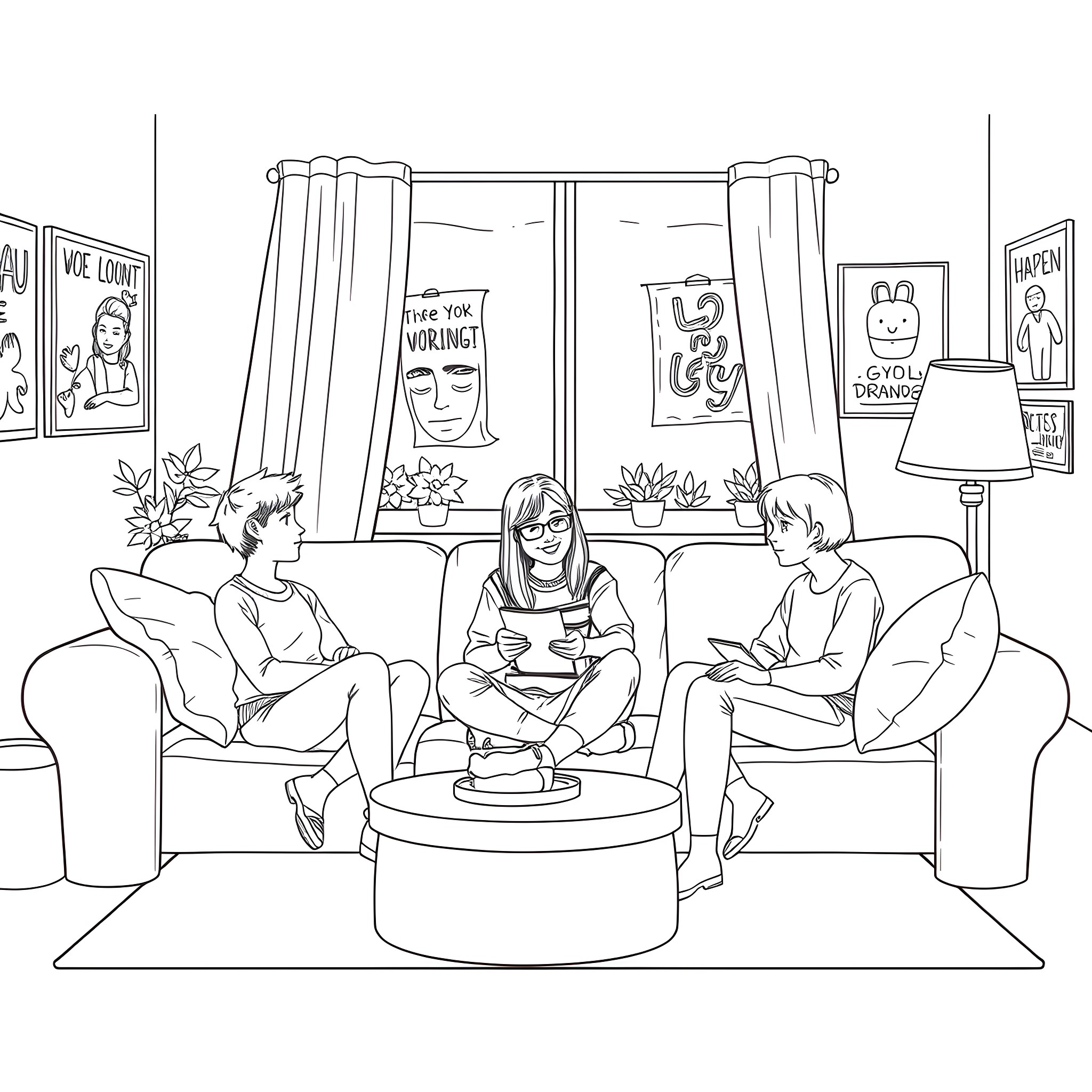 Teenagers relaxing and socializing in a living room Coloring Page (free black-and-white line drawing printable PDF for all, from beginners to advanced learners, including children, teens, adults, and seniors)