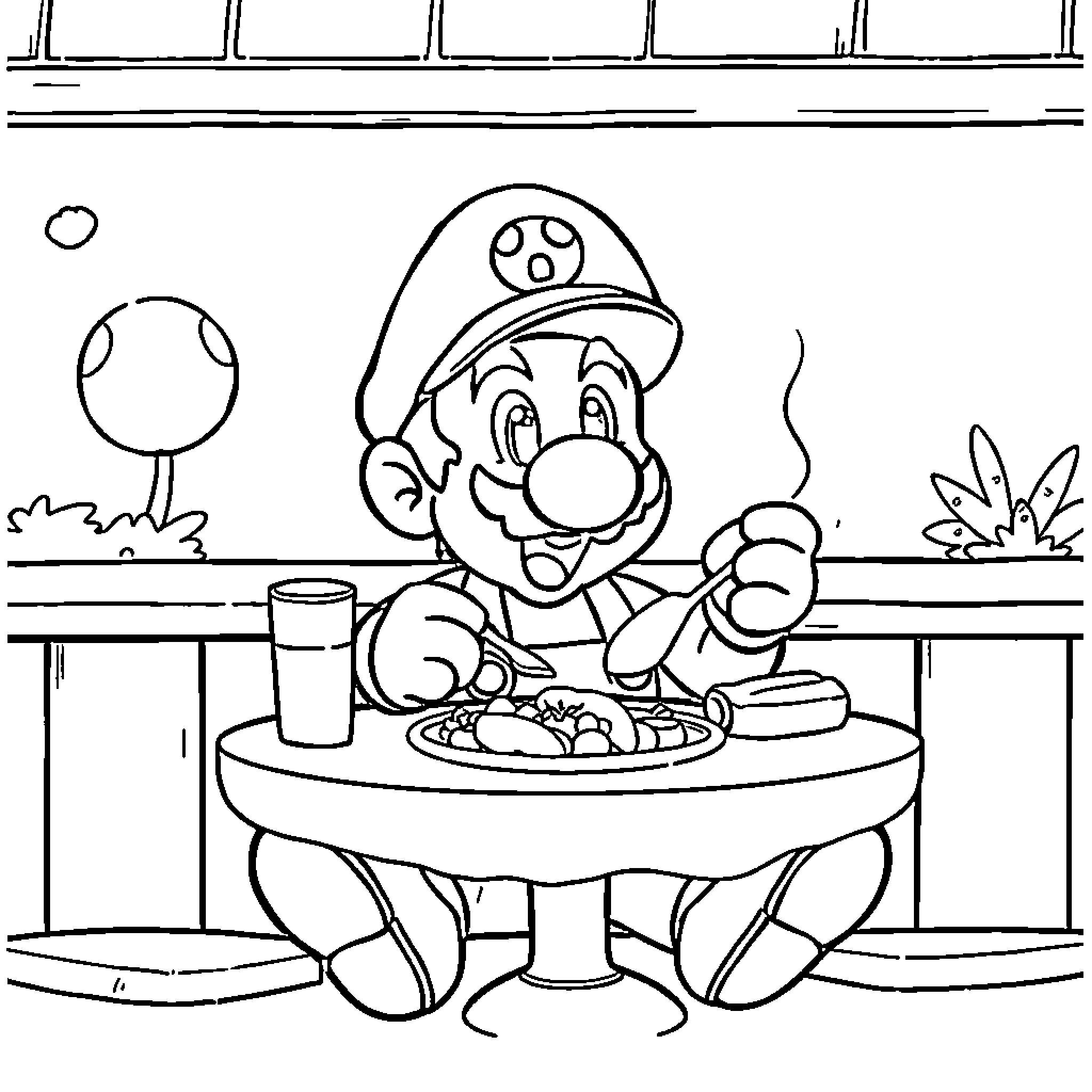 Mario Enjoying a Meal at the Diner Coloring Page (free black-and-white line drawing printable PDF for all, from beginners to advanced learners, including children, teens, adults, and seniors)