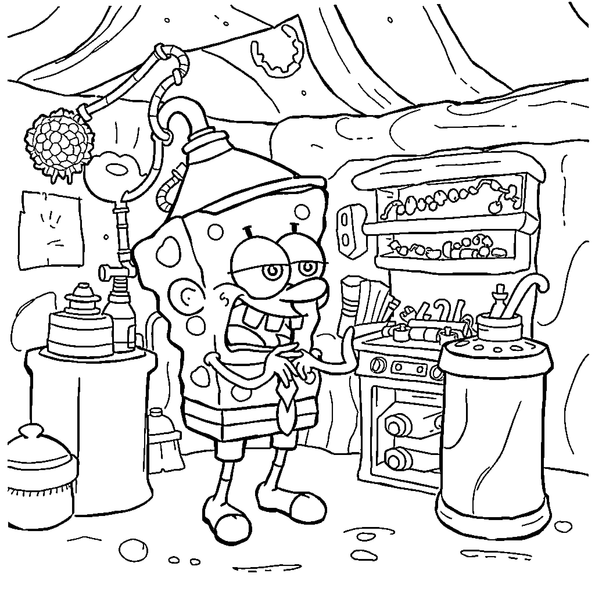 Plankton's Underwater Laboratory Exploration Coloring Page (free black-and-white line drawing printable PDF for all, from beginners to advanced learners, including children, teens, adults, and seniors)