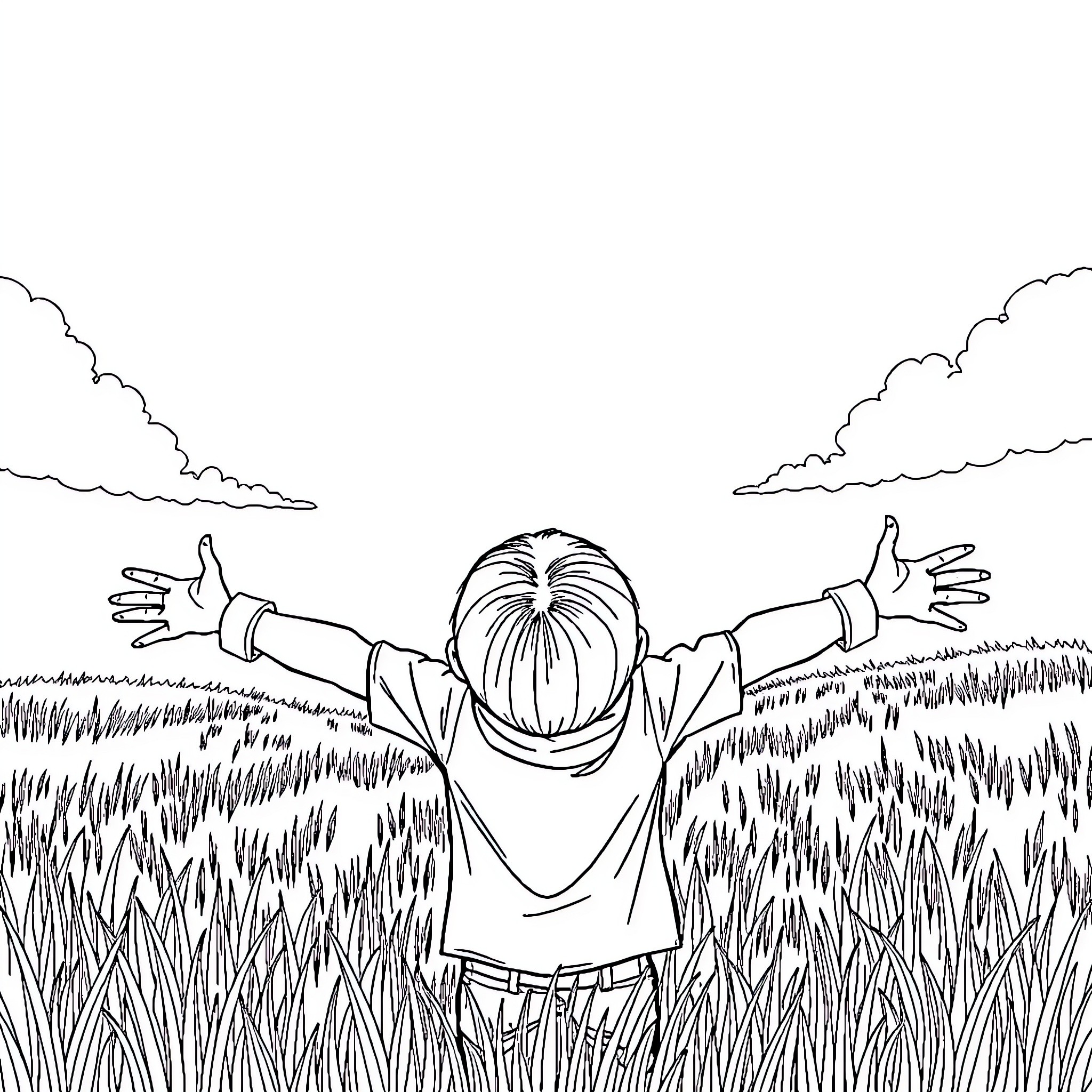 Child enjoying open field with outstretched arms Coloring Page (free black-and-white line drawing printable PDF for all, from beginners to advanced learners, including children, teens, adults, and seniors)
