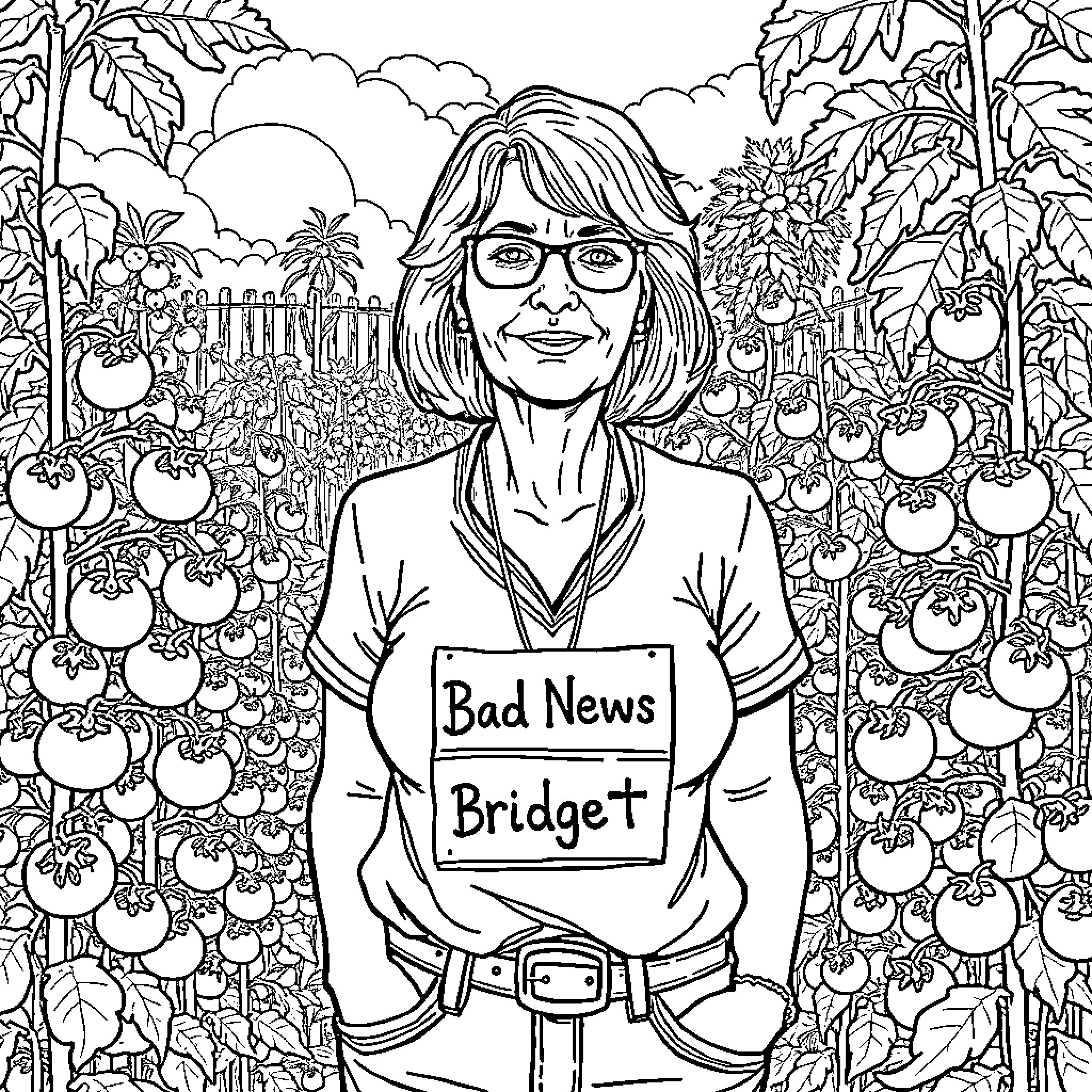 Woman holding 'Bad News' sign in garden Coloring Page (free black-and-white line drawing printable PDF for all, from beginners to advanced learners, including children, teens, adults, and seniors)