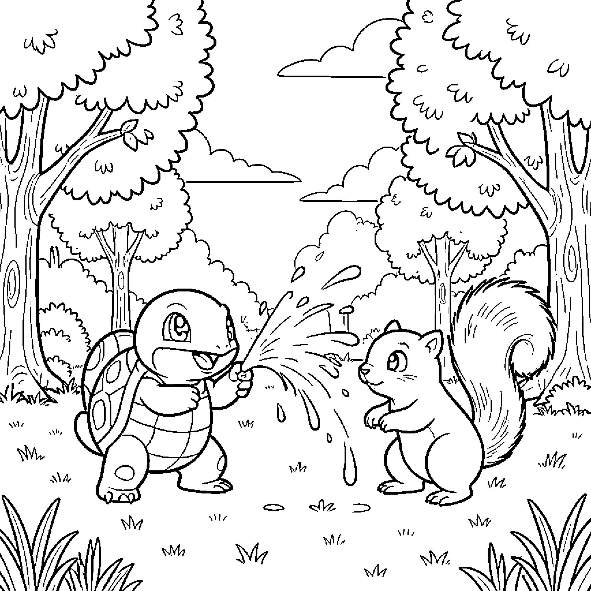 Squirtle playing with squirrel in the forest Coloring Page (free black-and-white line drawing printable PDF for all, from beginners to advanced learners, including children, teens, adults, and seniors)