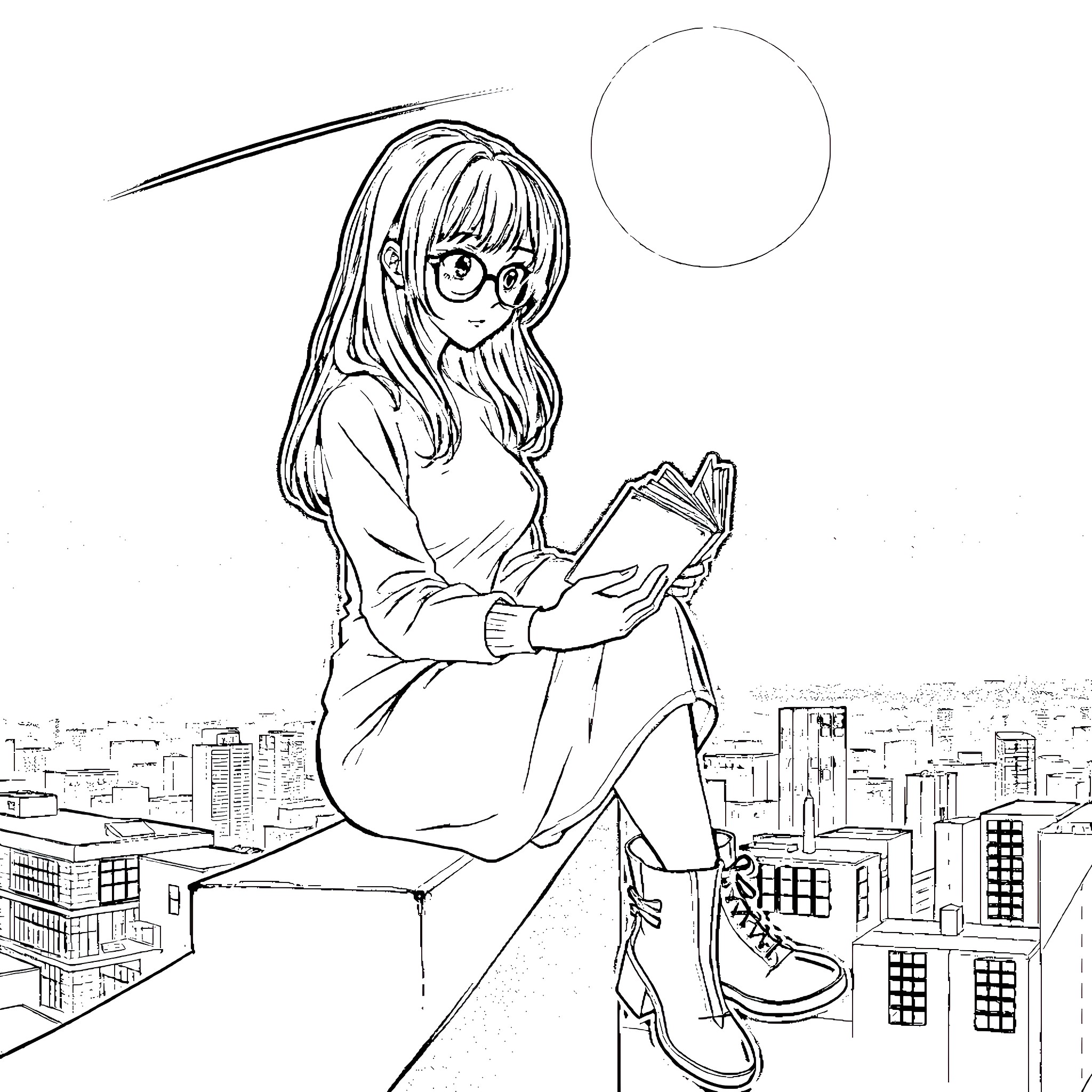 Emily Sinclair reading a book on a rooftop Coloring Page (free black-and-white line drawing printable PDF for all, from beginners to advanced learners, including children, teens, adults, and seniors)