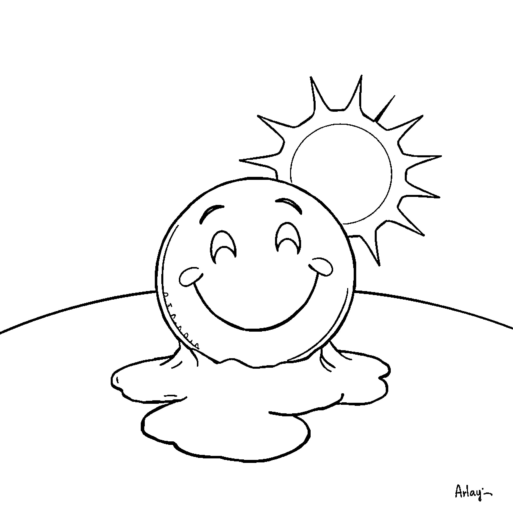 Smiley Face Relaxing in the Sun Coloring Page (free black-and-white line drawing printable PDF for all, from beginners to advanced learners, including children, teens, adults, and seniors)