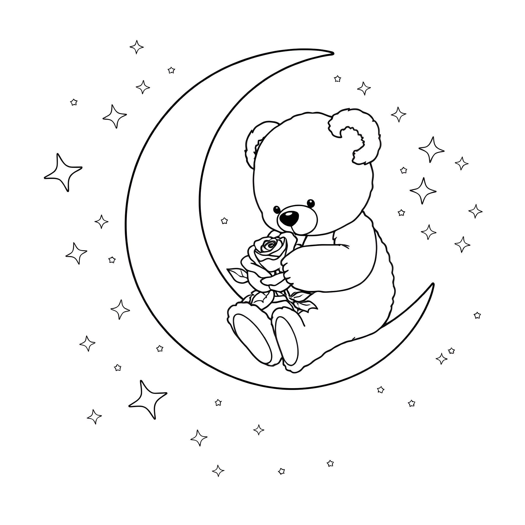 Teddy Bear resting on the crescent moon surrounded by stars Coloring Page (free black-and-white line drawing printable PDF for all, from beginners to advanced learners, including children, teens, adults, and seniors)