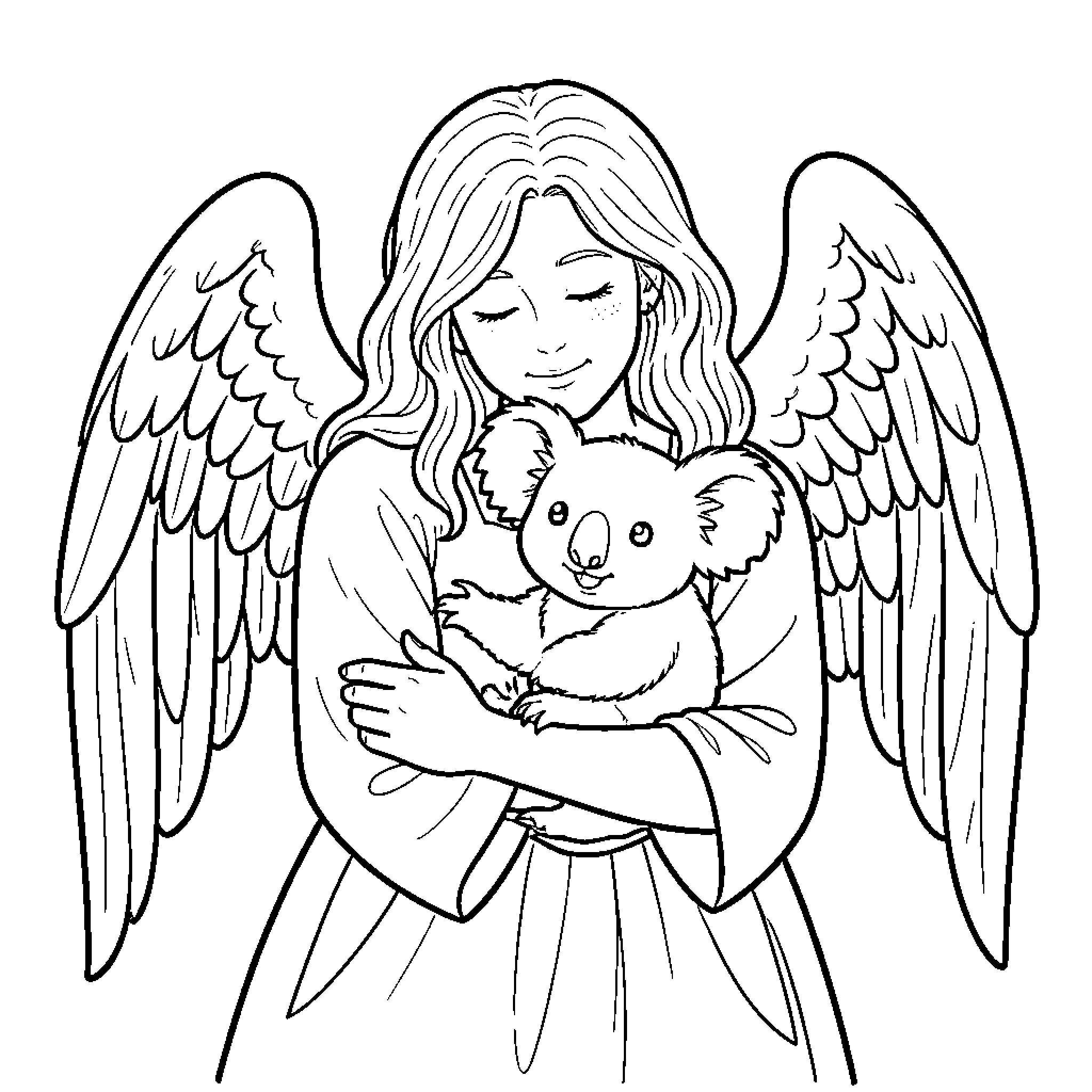 Angel smiling while hugging a cute koala Coloring Page (free black-and-white line drawing printable PDF for all, from beginners to advanced learners, including children, teens, adults, and seniors)