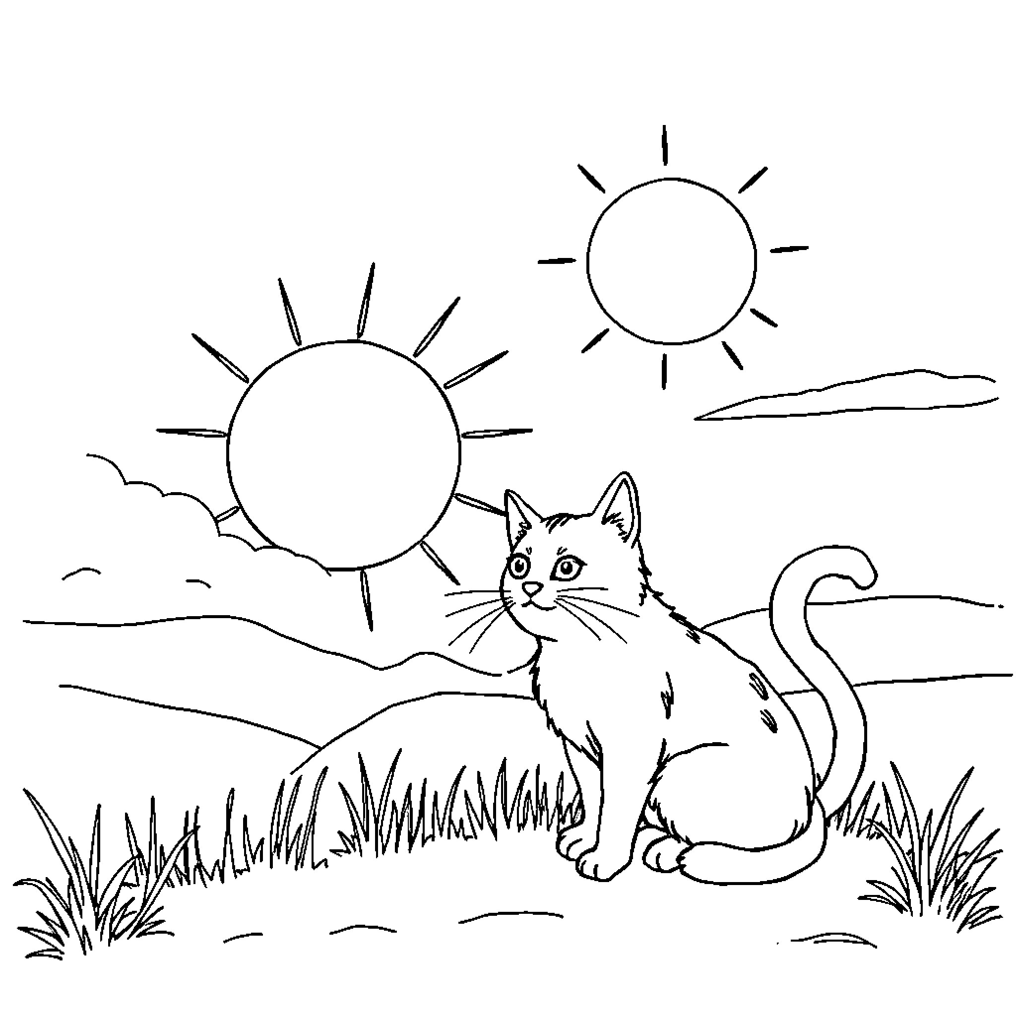 Cat enjoying the sunny day outdoors Coloring Page (free black-and-white line drawing printable PDF for all, from beginners to advanced learners, including children, teens, adults, and seniors)