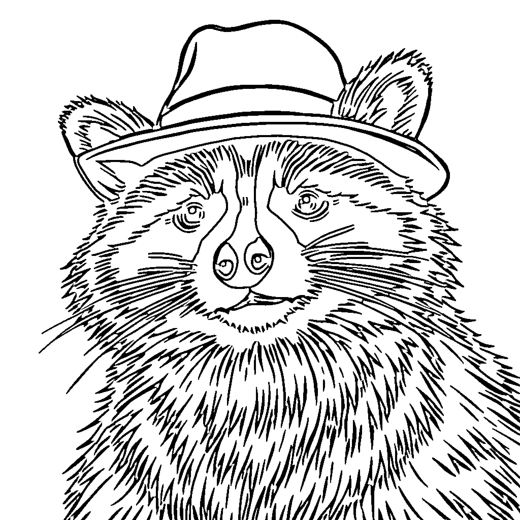 Raccoon wearing a stylish hat Coloring Page (free black-and-white line drawing printable PDF for all, from beginners to advanced learners, including children, teens, adults, and seniors)