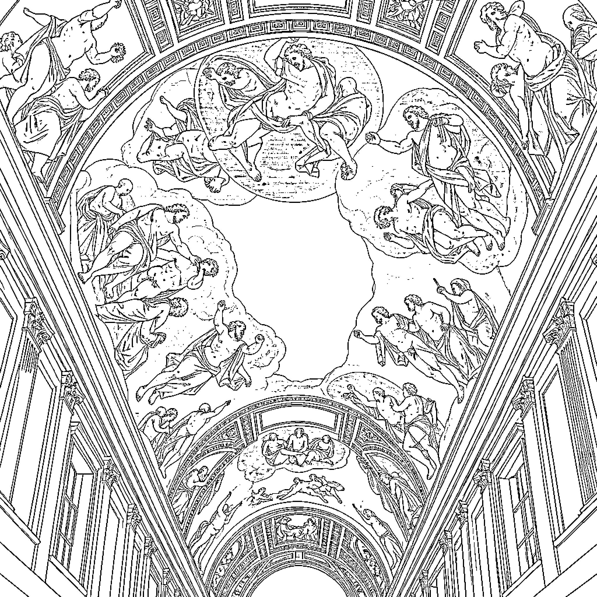 Sistine Chapel ceiling with divine figures and celestial scenes Coloring Page (free black-and-white line drawing printable PDF for all, from beginners to advanced learners, including children, teens, adults, and seniors)